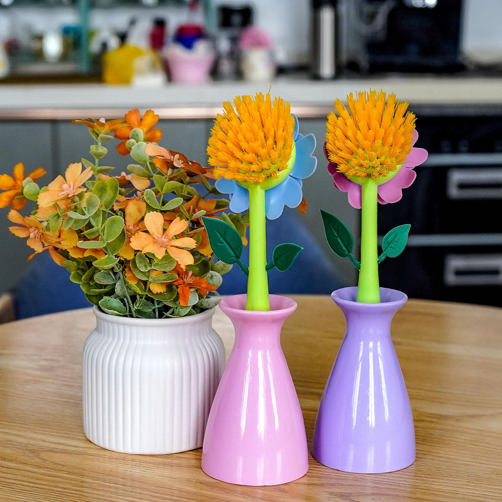 JANKOW Long Handle Vegetable And Fruit Brush, Florganic Dish Brush with Vase, Long Handle Dish Brush Kitchen, for Cleaning Pot Pan Sink Kitchen Supplies Decorative Vase (2 Pcs Green, Pink) - 5