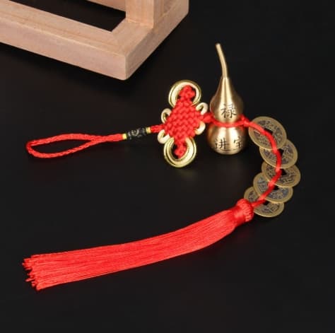 JANKOW Brass Gourd and Five Emperor Coins Ornament with Feng Shui Chinese Knot and Tassels - Good Luck Hanging Ornament Gift - 3