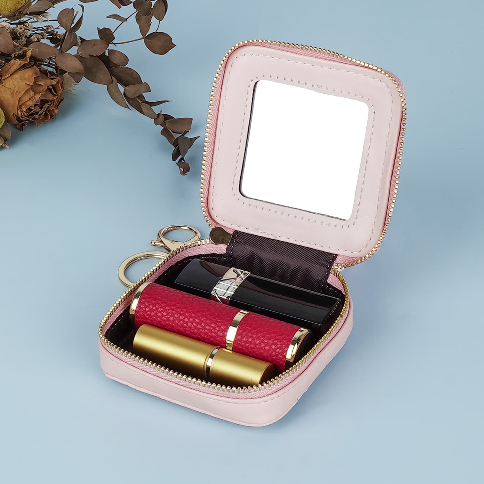 JANKOW Mini Cosmetic Pouch with Mirror, Pink PU Leather Quilted Travel Makeup Case with Keychain Clip, Compact Lipstick/Coins/Earbuds Holder – 1 Pack - 3