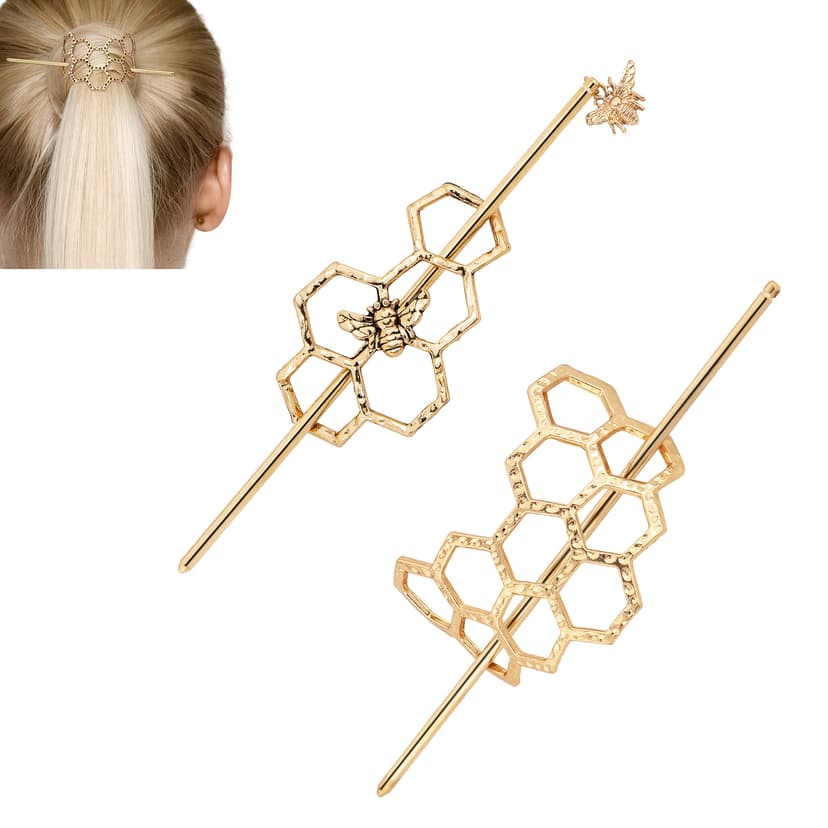 CAIRIAC Honeycomb Hair Clips Slide Hairpins Minimalist Bee Hair Barrette Bun Hair Pins Metal Hair Slide with Stick Creative Hair Accessories for Women Girls Gifts (Golden)