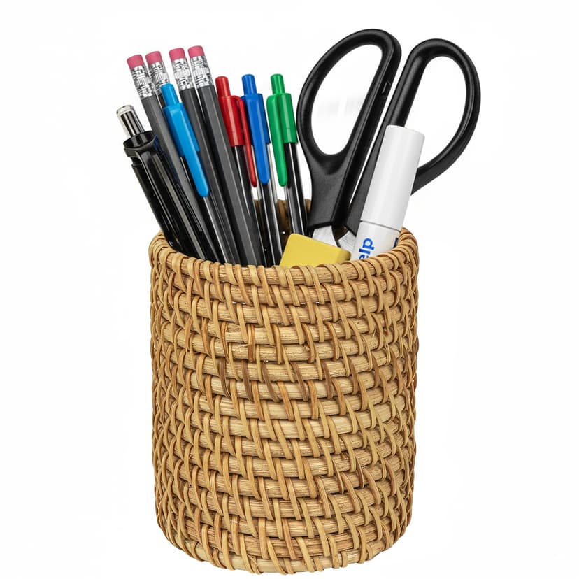 JANKOW Handmade Rattan Pencil Holder, Pen Holder, Wicker Makeup Brush Holder, Makeup Holder, Pencil Cup, Desk Cup Holder, Toothbrush Cup for Small Items, Office & Home Desktop Organizer (Style B)