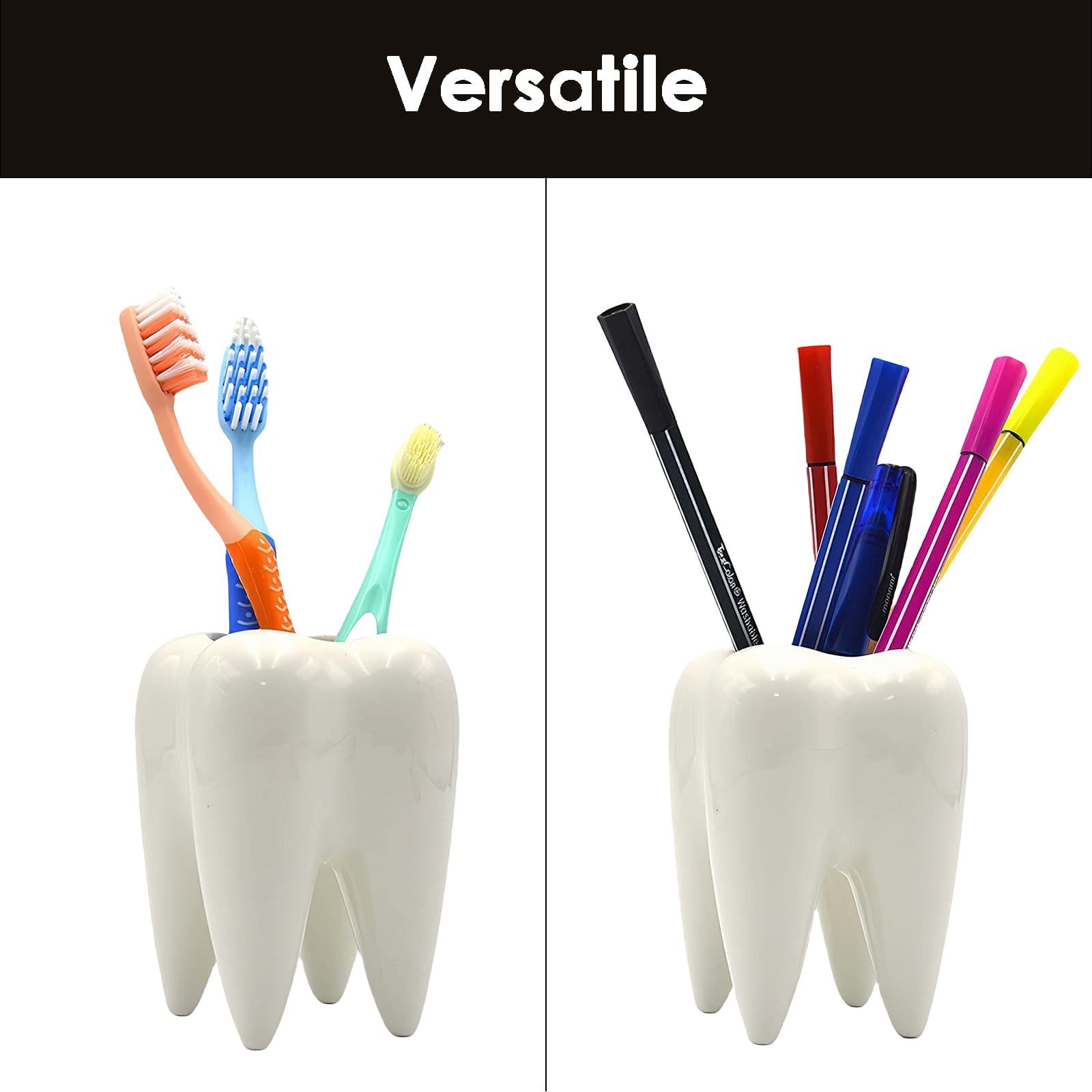 JANKOW Ceramic Tooth Pen Holder, Cute Desktop Pen Holder, Interesting, Unique Appearance, Suitable for Office, Classroom (White) - 2