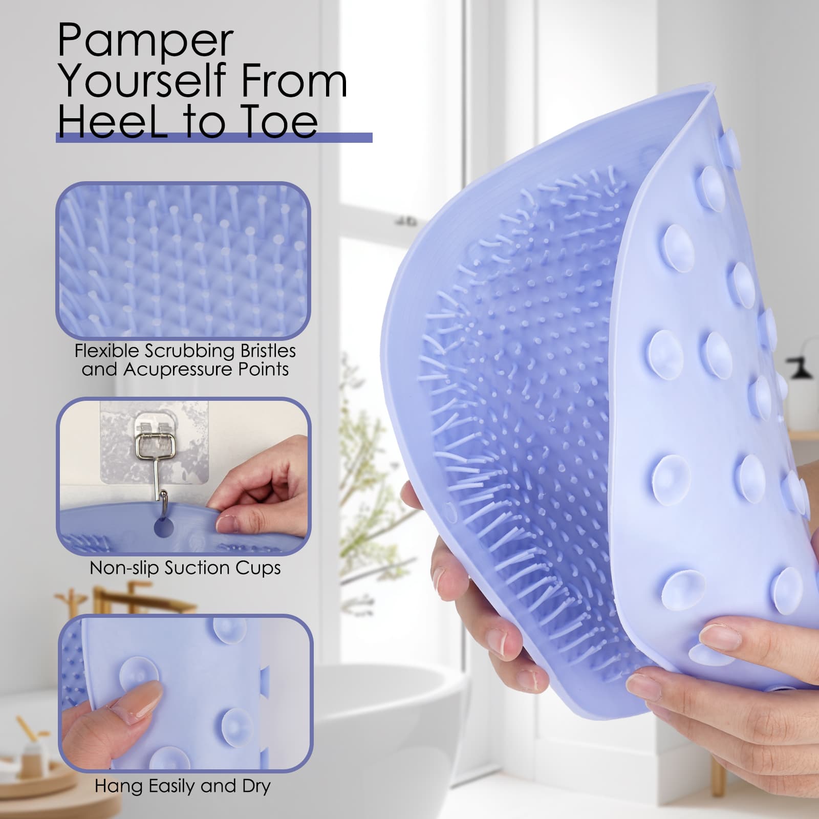 JANKOW 4 Pcs Foot Scrubbers for Use in Shower, Wall Mounted Back Scrubber Silicone, Bath Massage Cushion Brush with Non-Slip Suction Cup, Use de for Women and Men (Blue, Pink, Gray, Yellow ) - 3