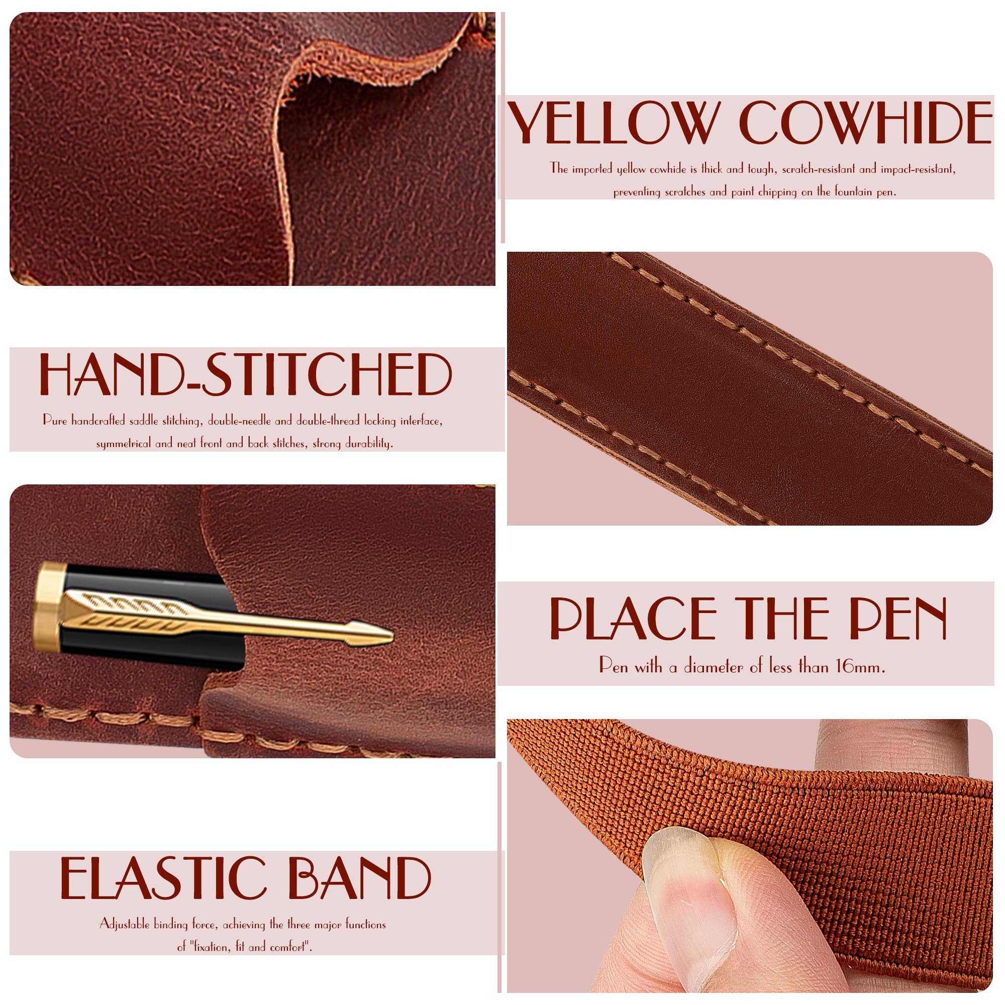 JANKINGS Crazy Horse Leather Elastic Pen Holder for Notebook, Wine Red – Genuine Leather Journal Band Pen Pouch, Fits A5/A6 Planners, 1-Pack - 2
