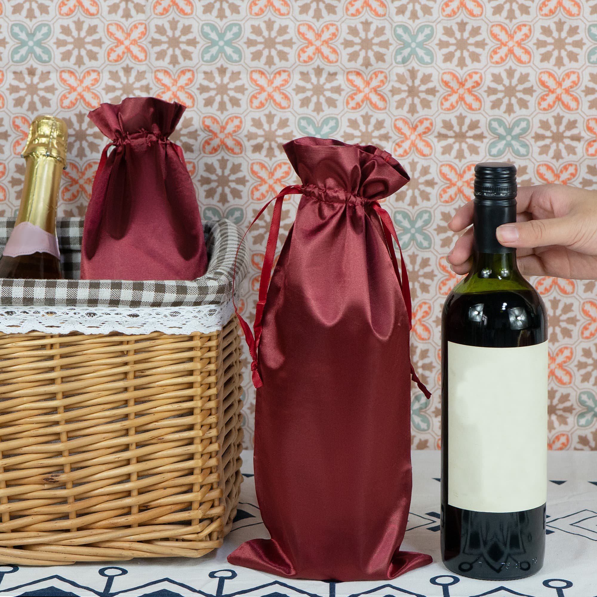 JANKINGS Wine Bottle Gift Bag, Reusable Silk Wine Gift Bags with Drawstrings, Champagne Bags Carrier for Birthday, Wedding, Party (12Pcs Red) - 3