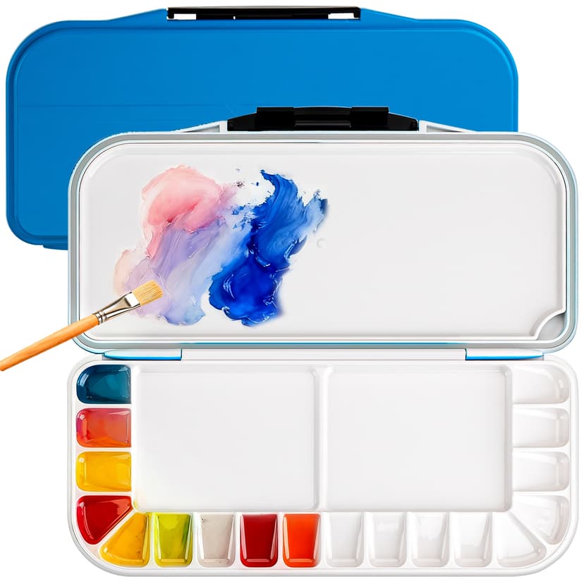 JANKINGS Long Watercolor Palette with Lid, Plastic Mixing Paint Tray for Watercolor/Gouache, Slim Travel Paint Palette, Blue & White, 1 Pack