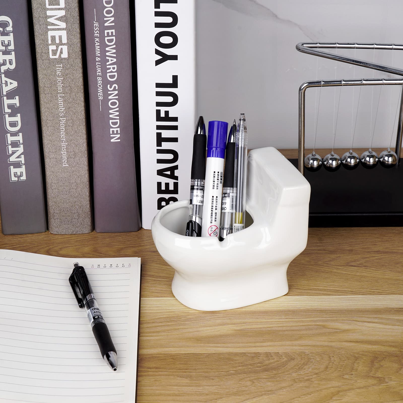 JANKOW Ceramic Toilet Shaped Pen Holder - Funny and Functional Desk Organizer (1 PCS White) - 3