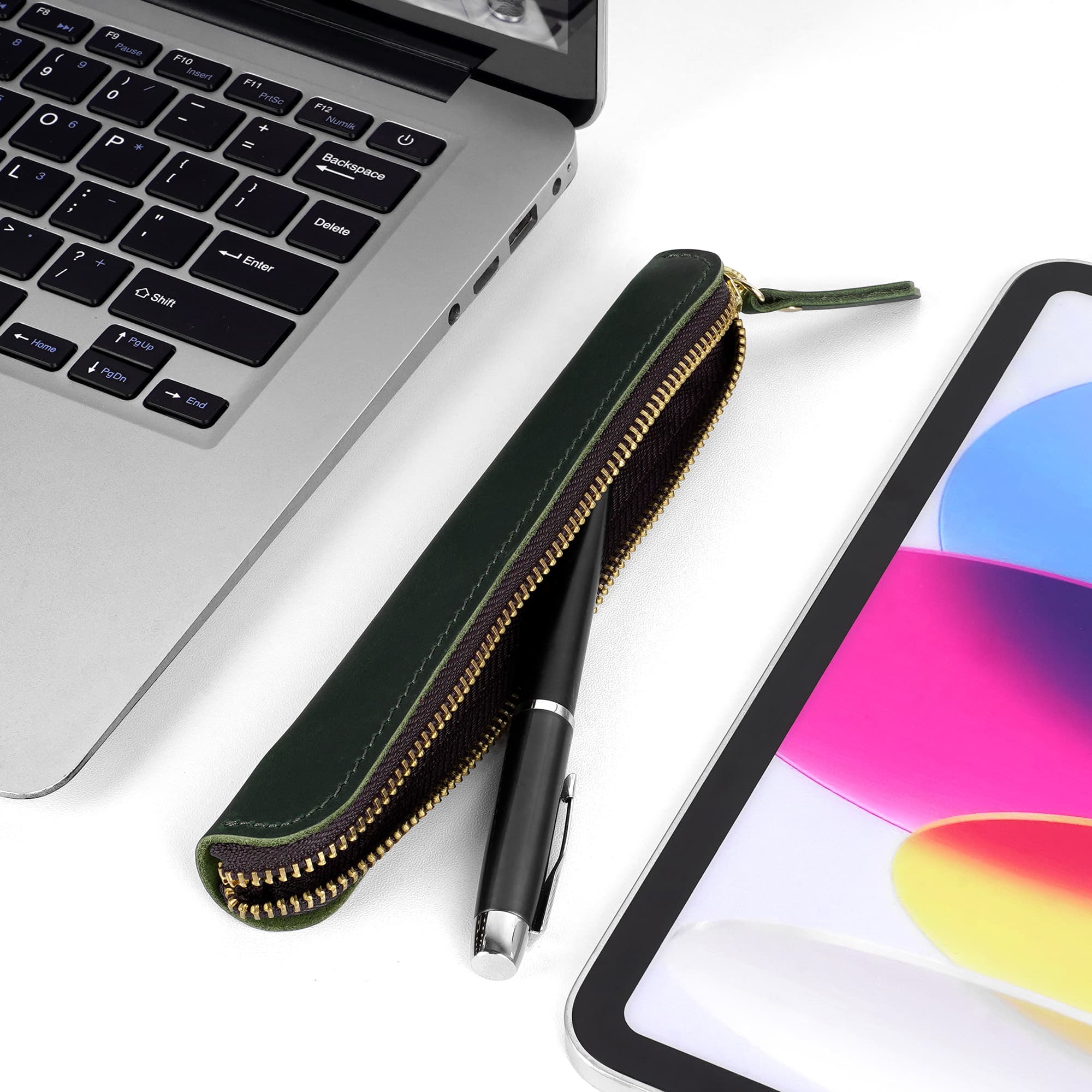JANKINGS Crazy Horse Leather Zipper Pen Pouch Handmade, Single Pen Case Fountain Pen Sleeve Holder Pouch Cover Vintage, Mini Pencil Bag (Green) - 3