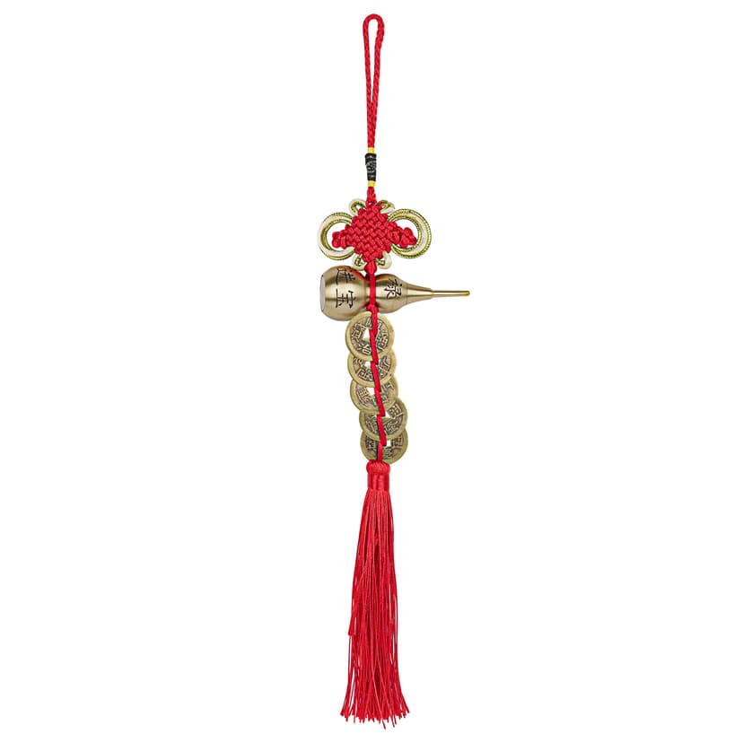 JANKOW Brass Gourd and Five Emperor Coins Ornament with Feng Shui Chinese Knot and Tassels - Good Luck Hanging Ornament Gift