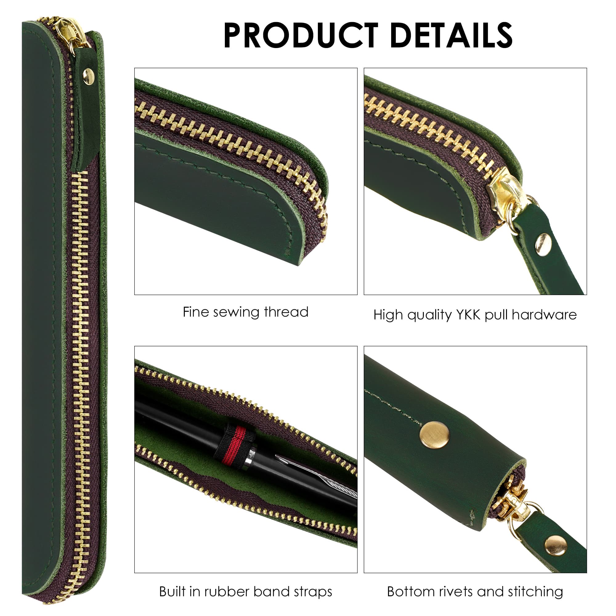 JANKINGS Crazy Horse Leather Zipper Pen Pouch Handmade, Single Pen Case Fountain Pen Sleeve Holder Pouch Cover Vintage, Mini Pencil Bag (Green) - 2