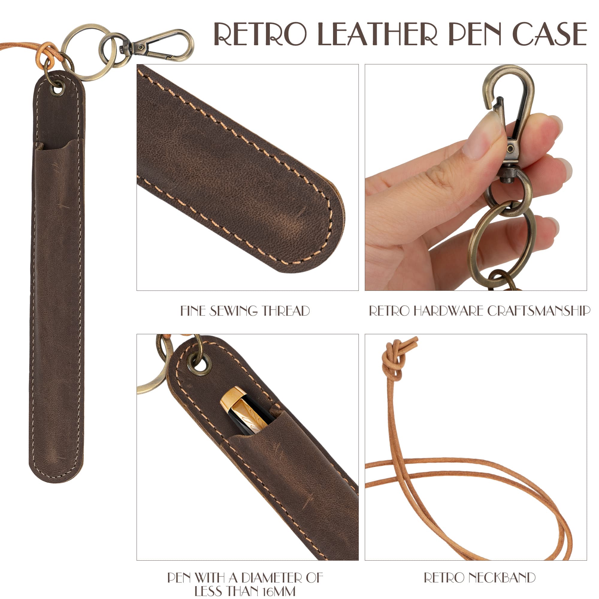 JANKINGS Genuine Leather Neck-Hanging Fountain Pen Pouch, Crazy Horse Coffee Pen Sleeve with Lanyard & Key Clip, 1-Pack - 2