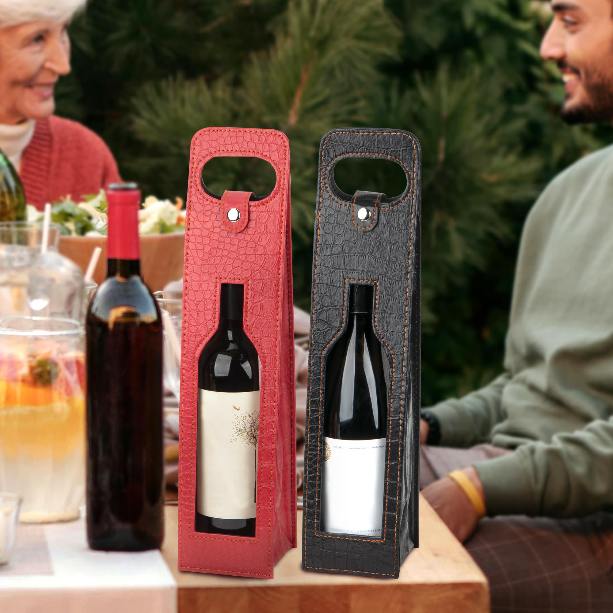 JANKINGS Gift Bags For Wine Bottles, 4Pcs Reusable Leather Wine Tote Carrier With Window, Single Bottle Champagne Gift Bags Carrier for Birthday, Wedding, Party (2 Red+2 Black) - 3