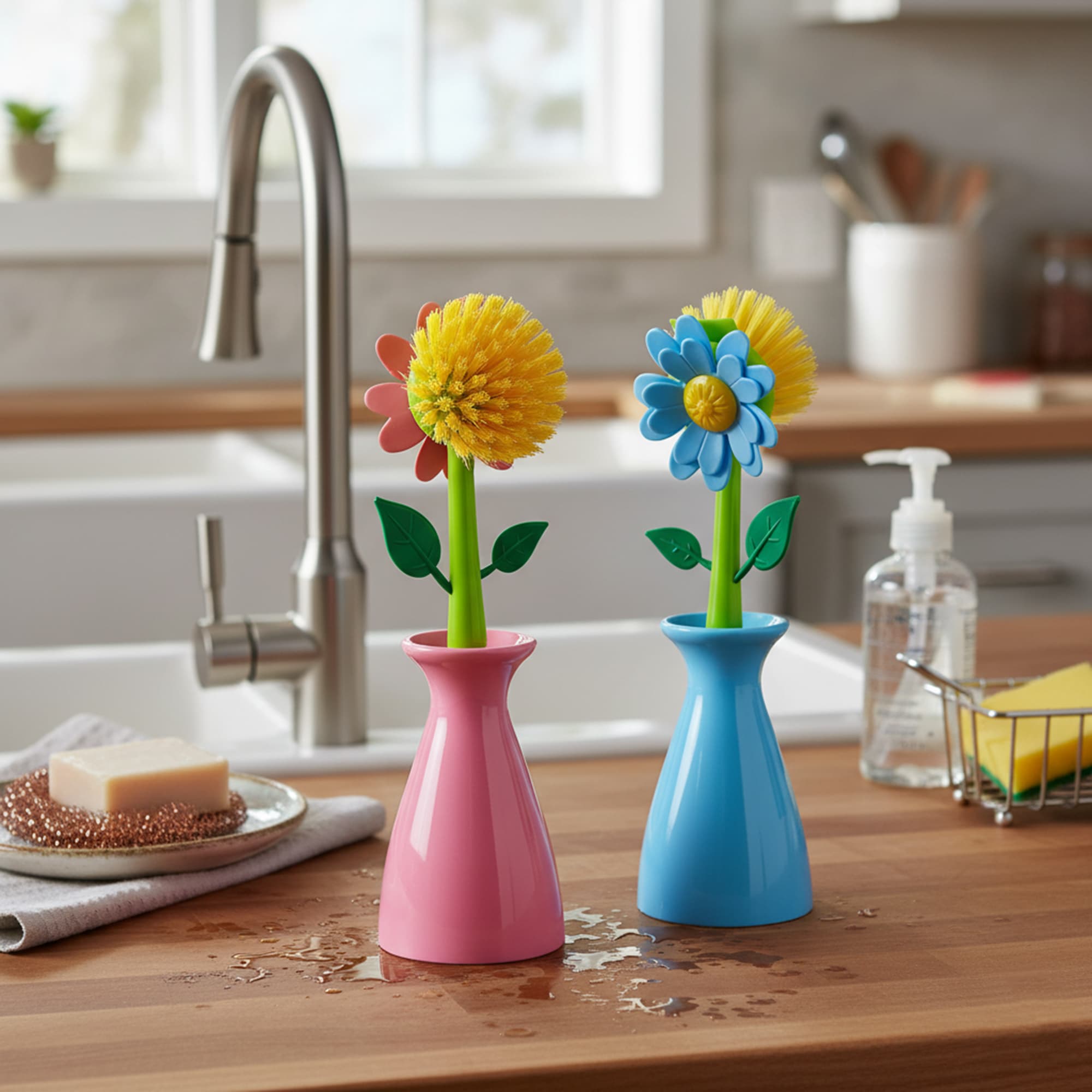 JANKOW Flower Dish Brush Set, 2-Pack (Blue & Pink), PP+TPR Kitchen Scrub Brushes with Upright Vase Holders, Non-Scratch Bristles for Dishes, Pots, Pans & Produce - 4
