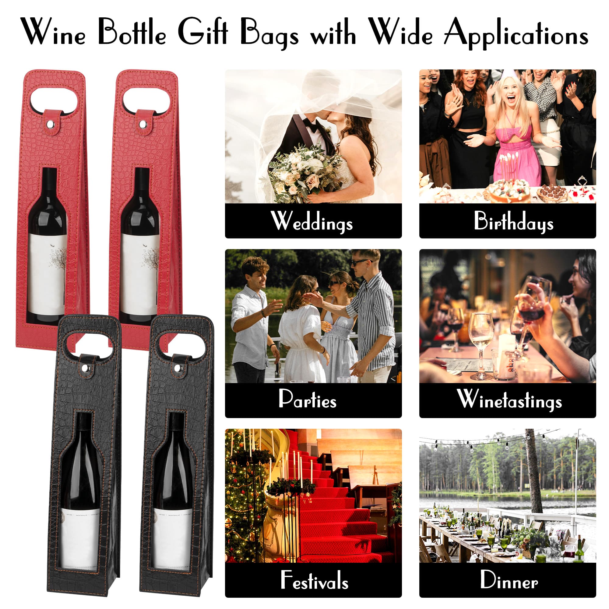 JANKINGS Gift Bags For Wine Bottles, 4Pcs Reusable Leather Wine Tote Carrier With Window, Single Bottle Champagne Gift Bags Carrier for Birthday, Wedding, Party (2 Red+2 Black) - 4