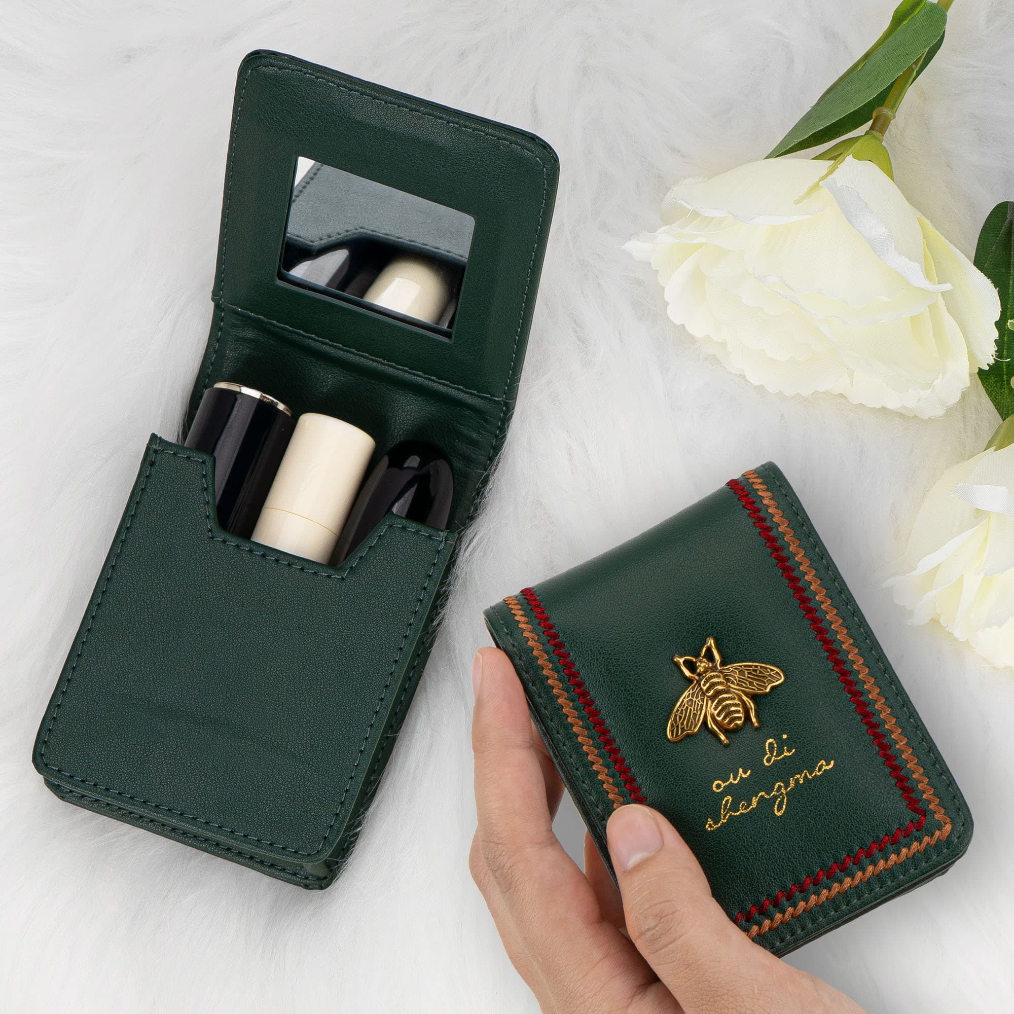 JANKOW Lipstick Case with Mirror for Purse, Mini Lipstick Holder Purse, Small Cosmetic Bag for Lipsticks, Travel Lipsticks Pouch, Portable Makeup Cosmetic Pouch (1Pcs Dark green) - 3