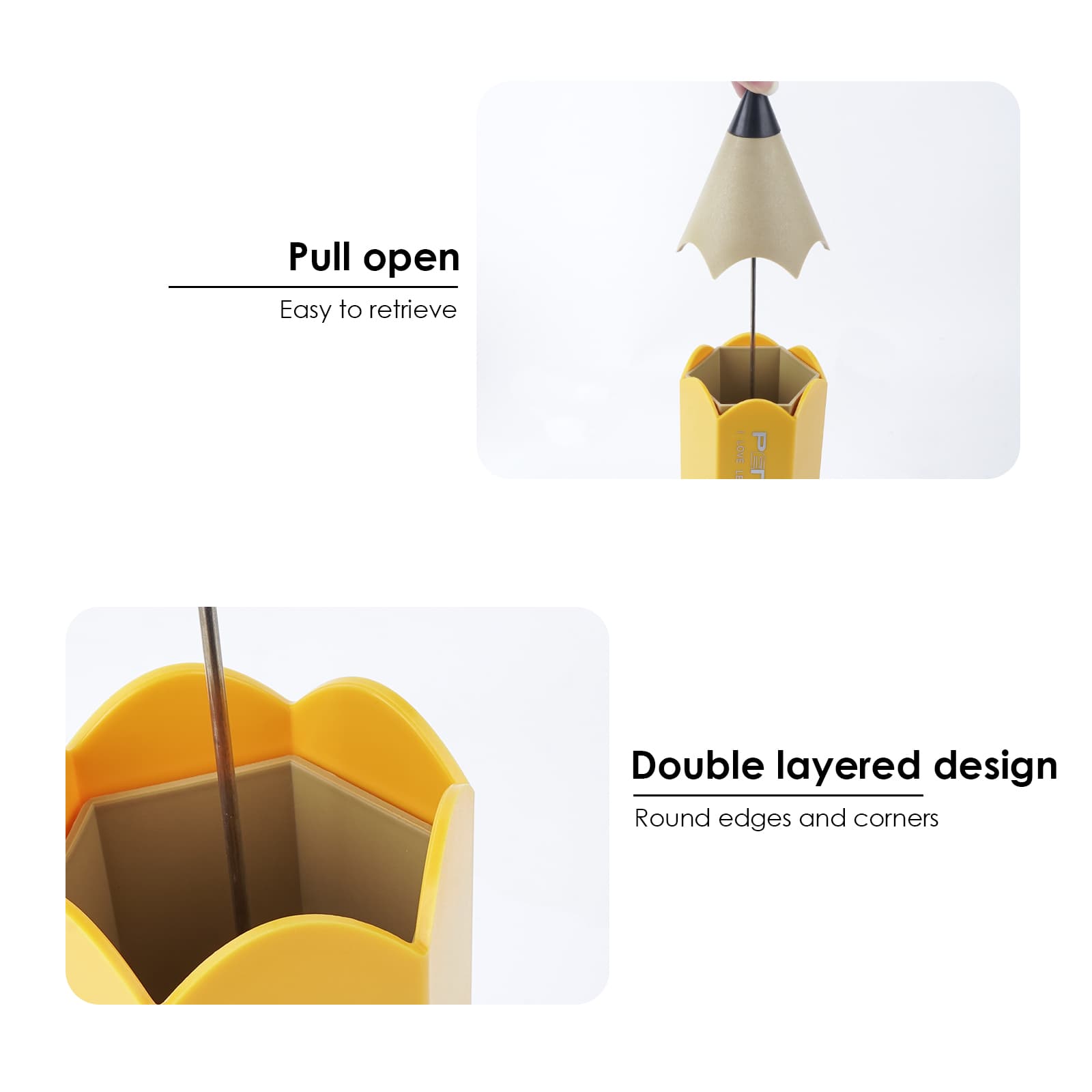 JANKOW Pencil-Shaped Pen Holder, Double-Layer Desk Organizer, Plastic Desktop Pencil Cup, Yellow, 1-Pack - 2