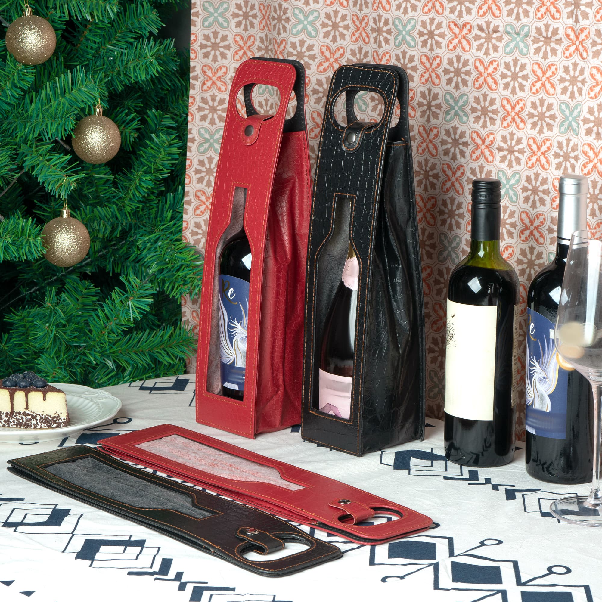 JANKINGS Gift Bags For Wine Bottles, 4Pcs Reusable Leather Wine Tote Carrier With Window, Single Bottle Champagne Gift Bags Carrier for Birthday, Wedding, Party (2 Red+2 Black) - 5