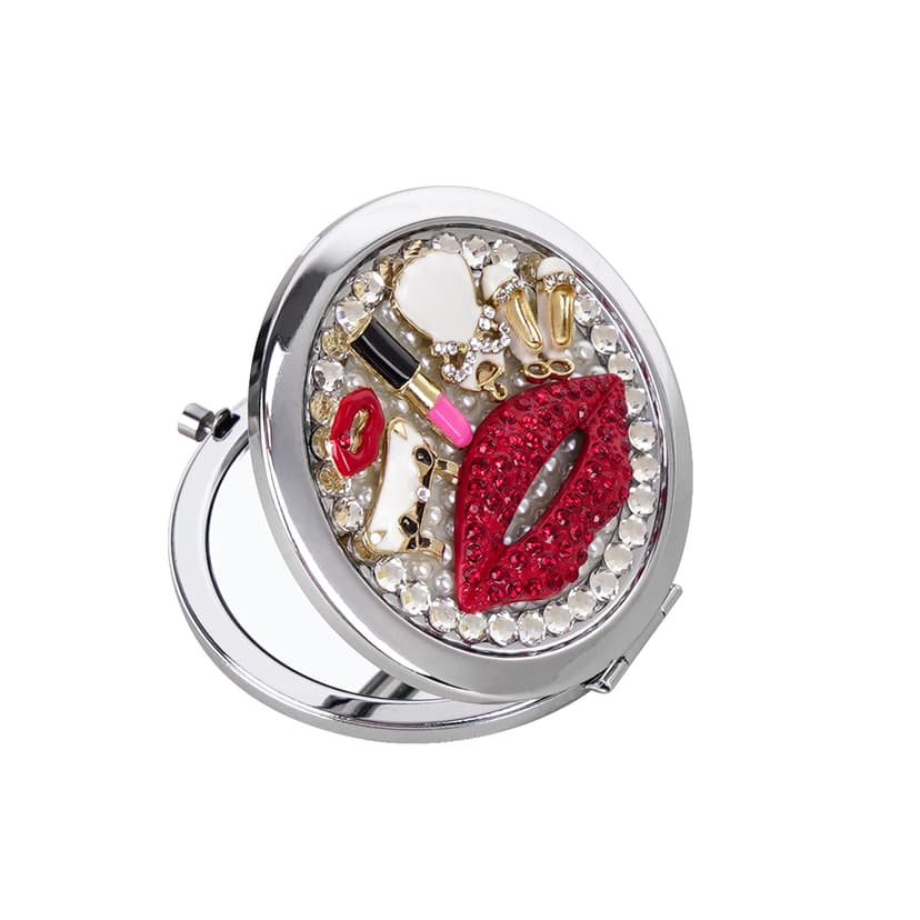 JANKOW Red Lips Mirror, Rhinestone Compact Mirror, Pearl Makeup Mirror Travel Vanity Mirror Beauty Mirror Make up Mirror Double-Sided Makeup Mirror, for Women and Girl Travel Makeup Mirror (1 Pcs)