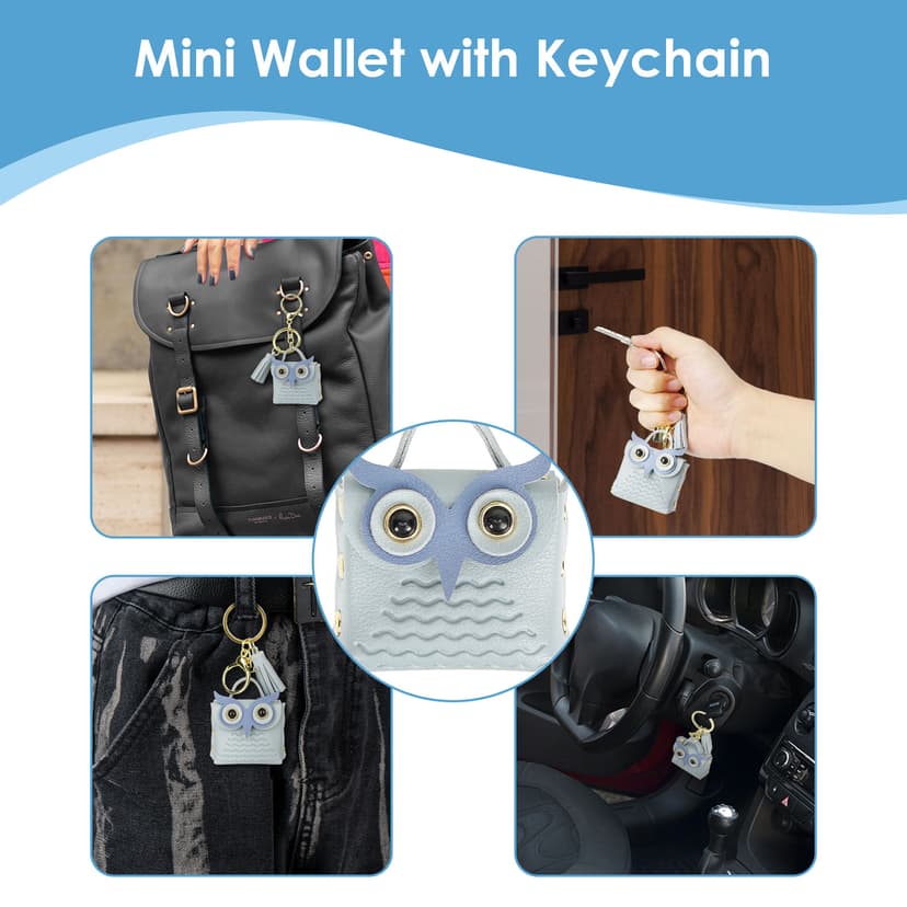 CAIRIAC Mini Coin Purse Keychain Cute Owl Backpack Change Wallet Bags Jewelry Pouch with Keyring for Women Storage Coins, Wireless Earbuds, Rings, Earrings (Blue)