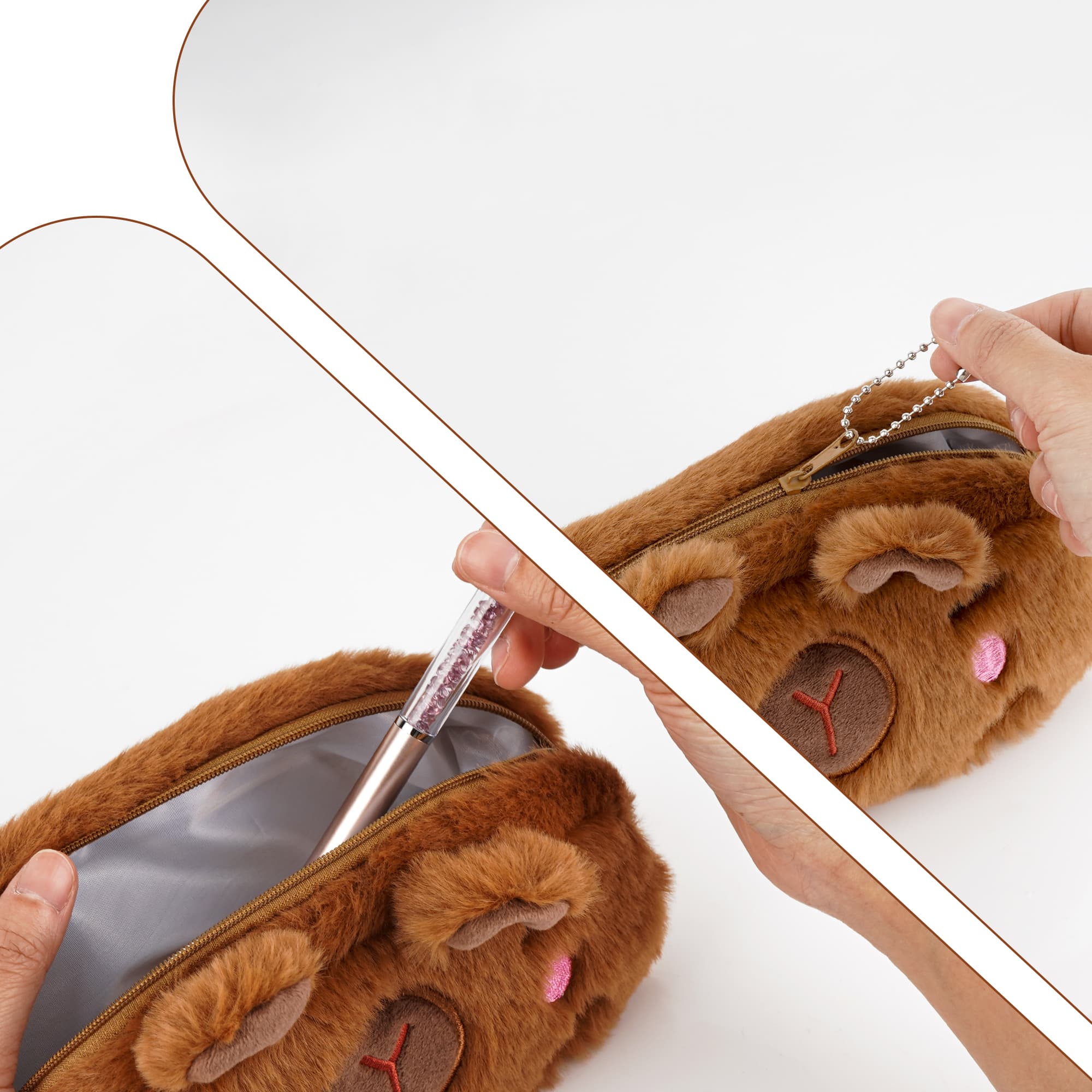 JANKOW Cute Capybara Plush Pencil Case with Blushing Cheeks, Brown Furry Zipper Pen Pouch, Kawaii Stationery Bag for Office, Large Capacity, 1-Pack - 2