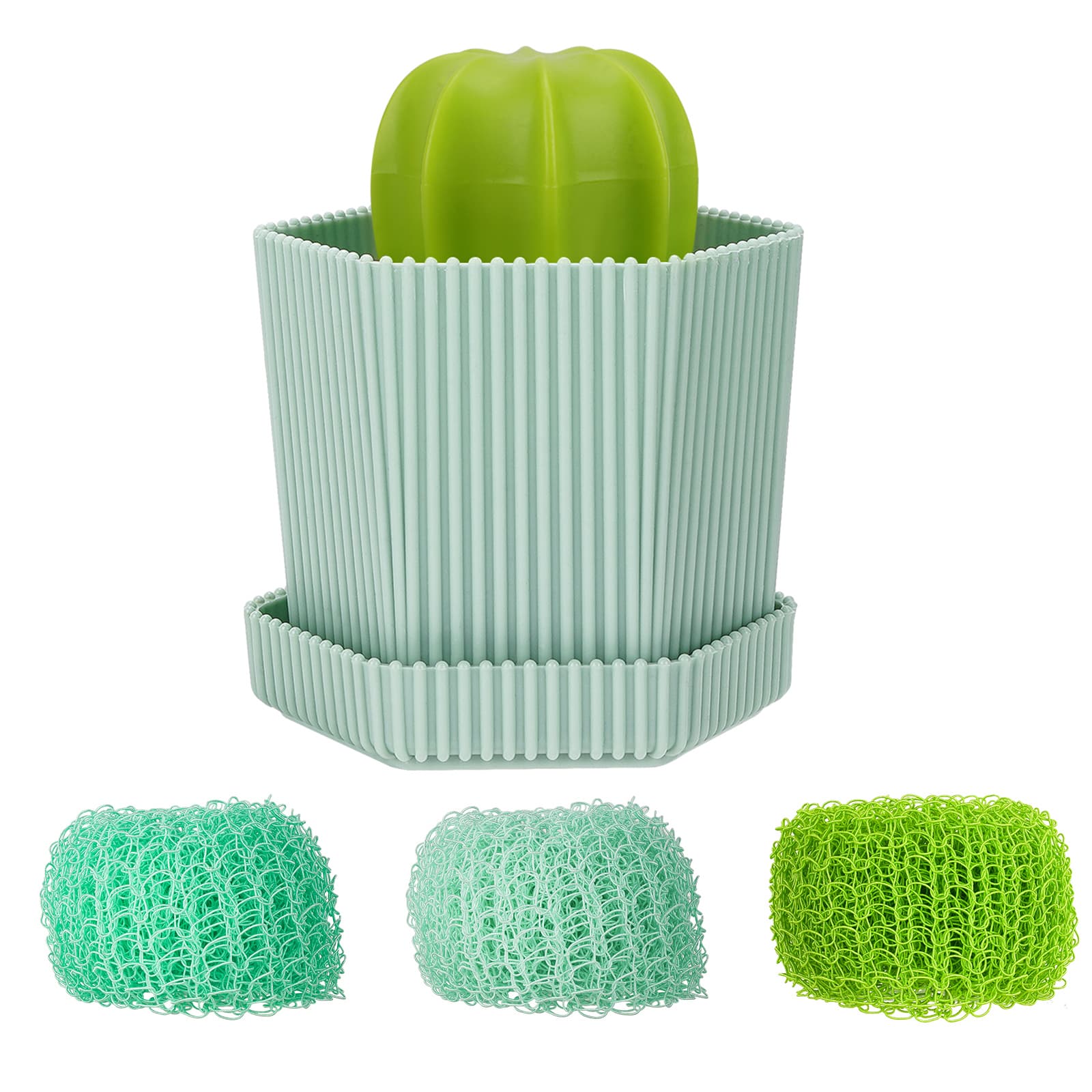 JANKOW Cactus Dish Mini Brush, Cactus Cleaning Brush, Cactu Cleanings Ball, with Drip Tray with 3 Replacement Brushes,  for Cleaning Dishes, Pans, Pots, Sink, Countertop (1 Set Green) - 1