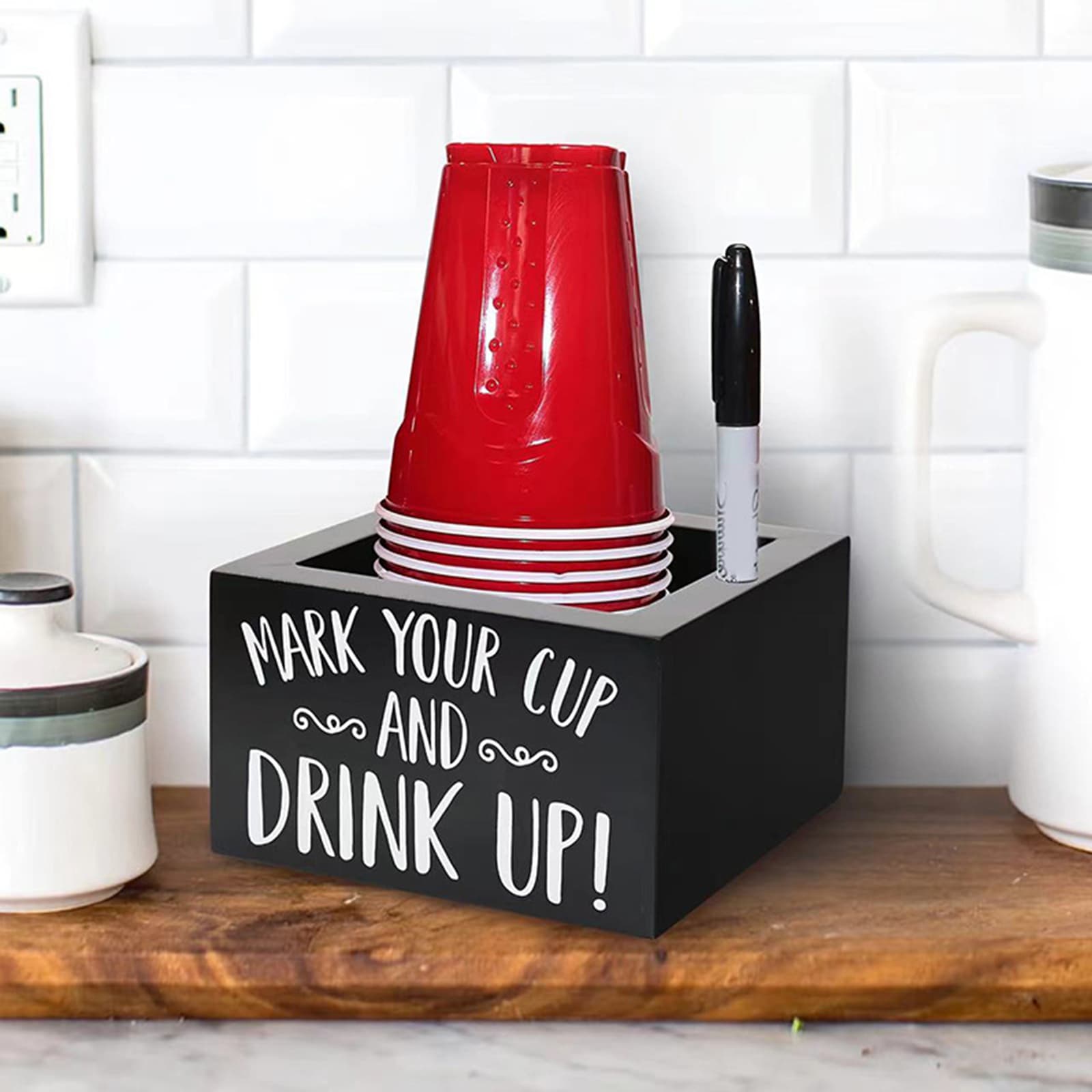 JANKOW Cup Holder with Marker Slot, Black Wood Disposable Cup Holder, Mark Your Cup and Drink Up Plastic Cup Organizer Drink Dispenser for Wedding Party Kitchen Decor - 5