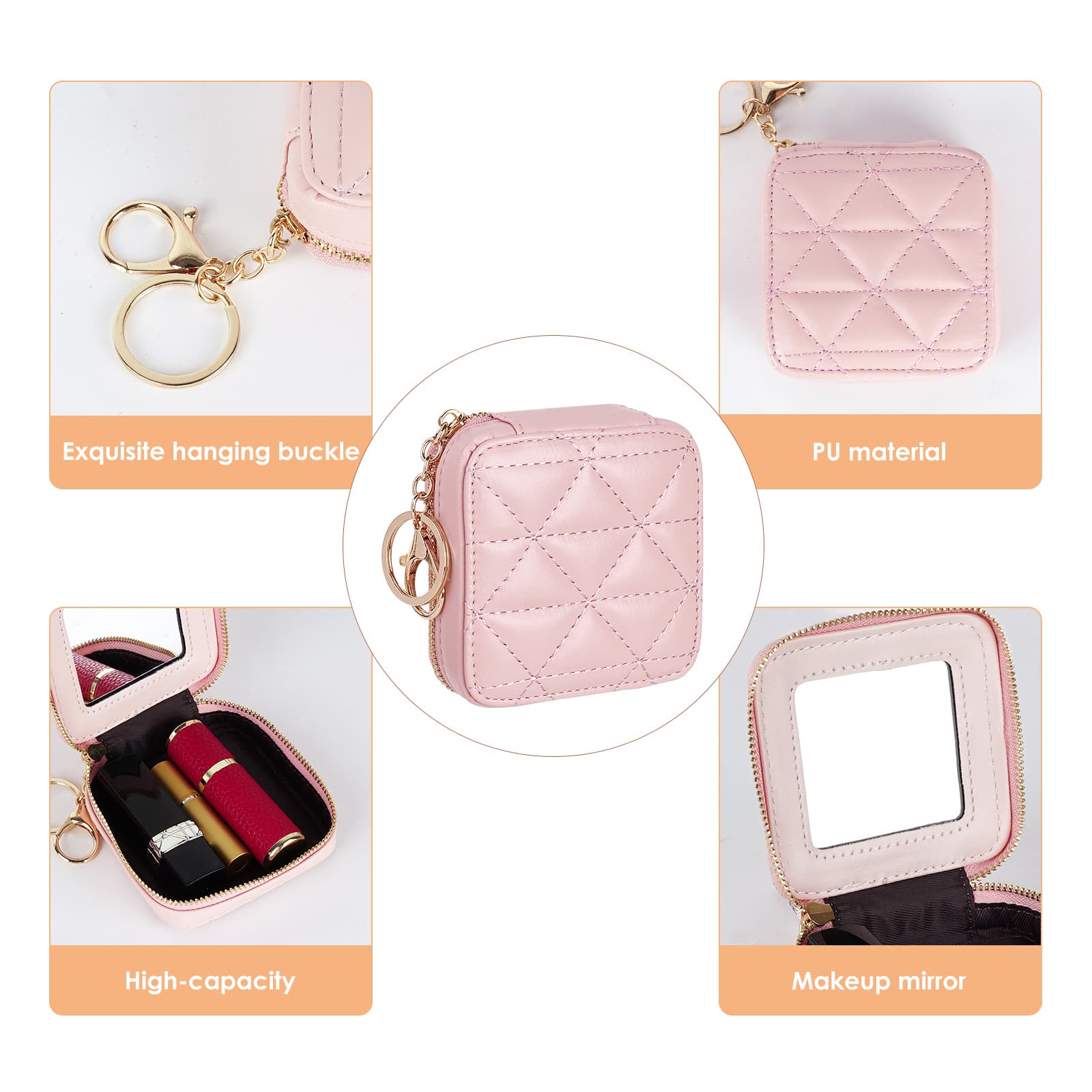 JANKOW Mini Cosmetic Pouch with Mirror, Pink PU Leather Quilted Travel Makeup Case with Keychain Clip, Compact Lipstick/Coins/Earbuds Holder – 1 Pack - 2