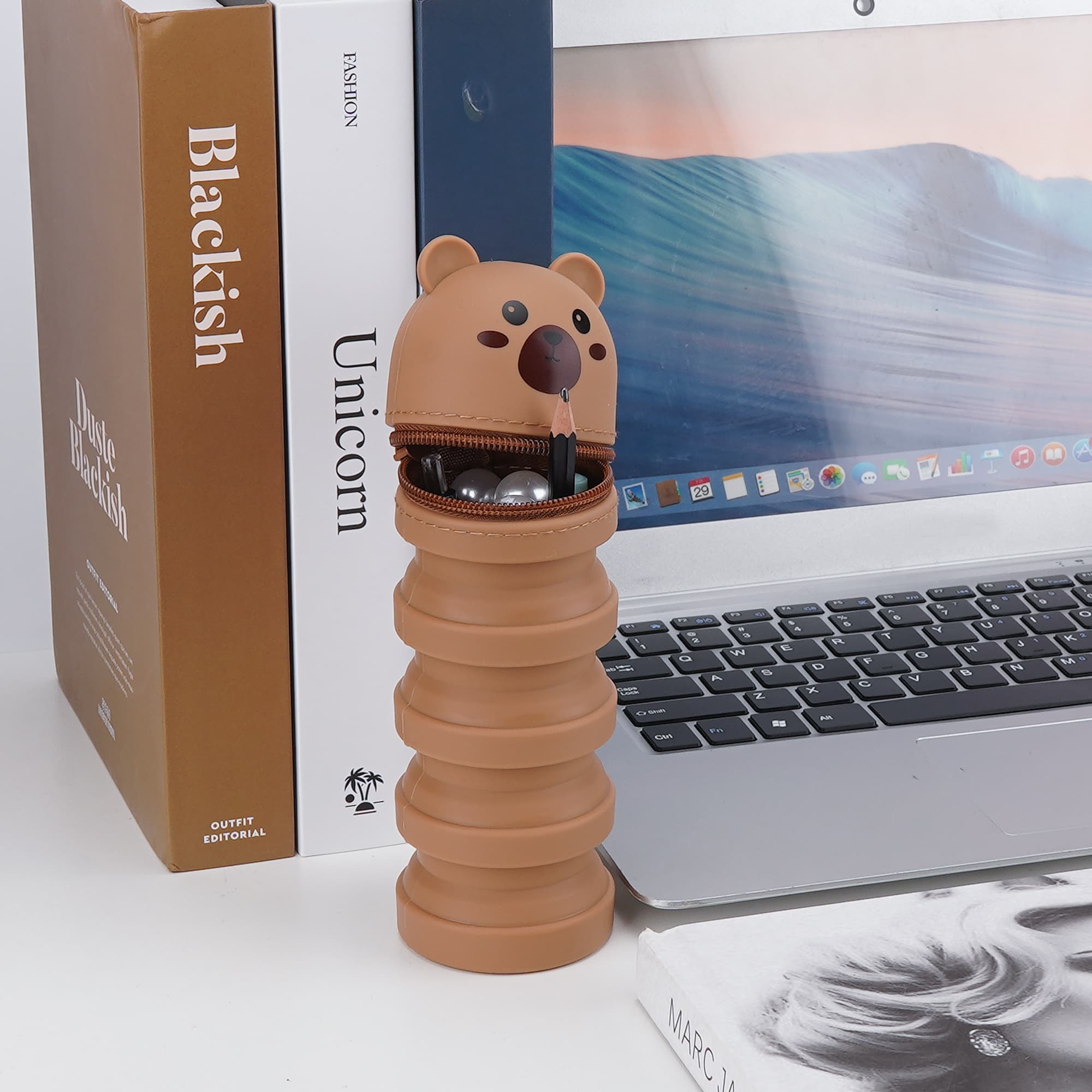 JANKOW Cartoon Silicone Foldable Pen Holder Bear Shape Cute Expandable Pencil Case, Creative Stationery Organizer Flexible Pen Holder (Brown) - 5