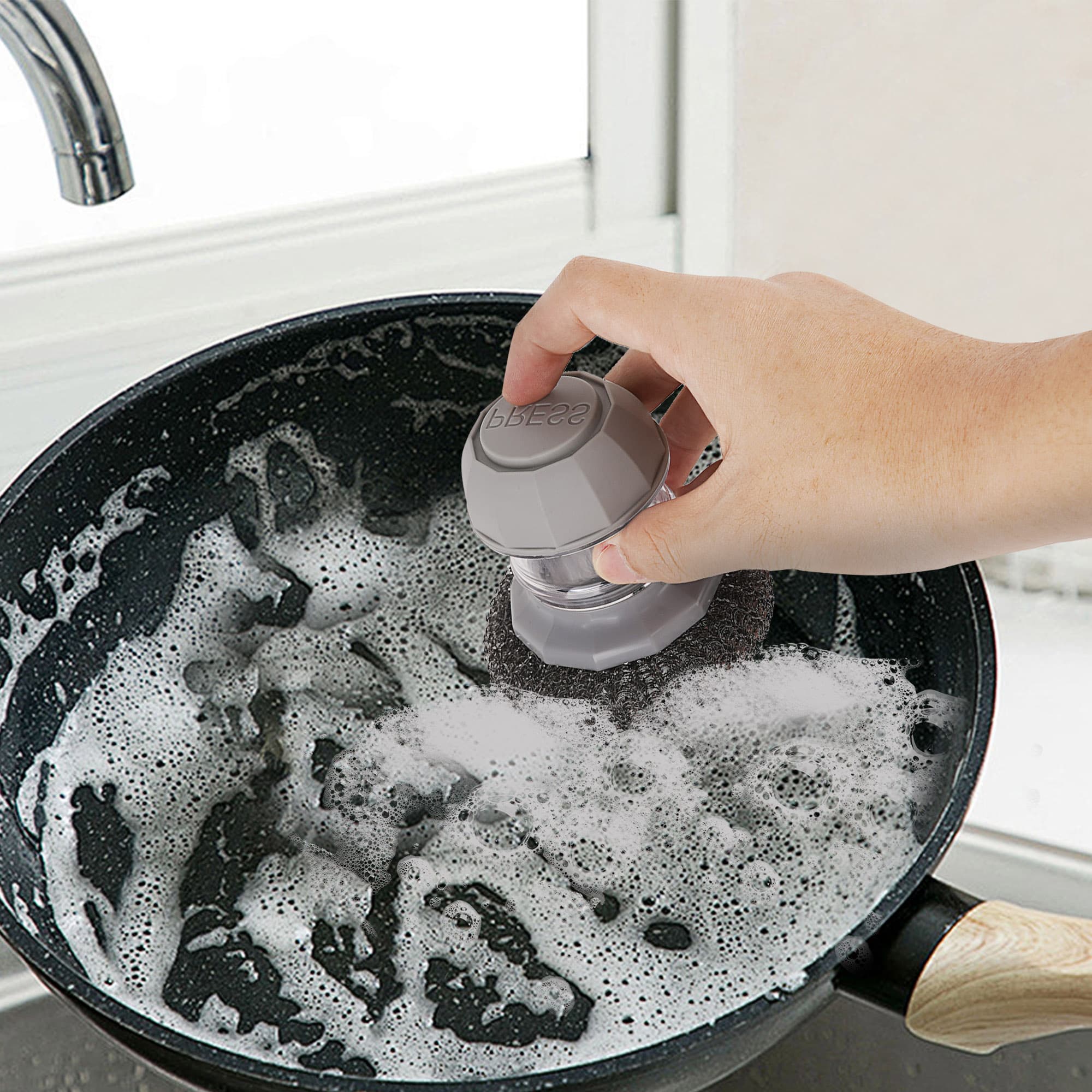 JANKOW Soap Dispensing Steel Wool Dish Brush, Palm Scrubber with Refillable Handle for Pots, Pans & Cast Iron, Grey, 1-Pack - 6