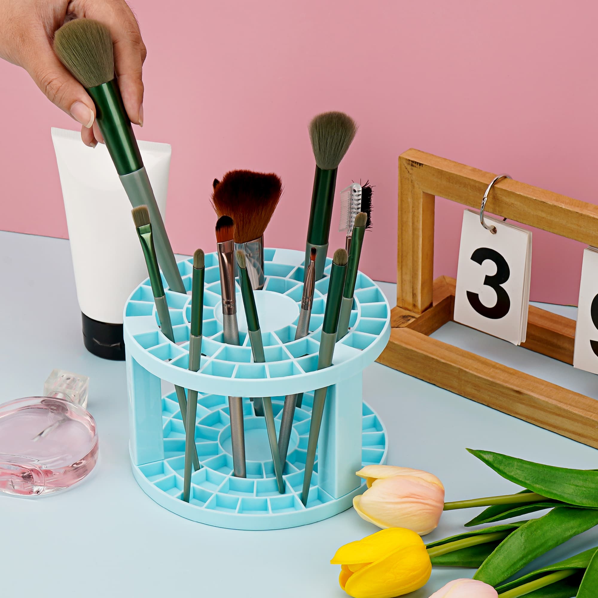 JANKOW Round 50 Hole Paint Brush Holder and Organizer, Makeup Cosmetic Brushes, Pencils, Pens, Markers, Art Tools, Desk Stand (Blue) - 3
