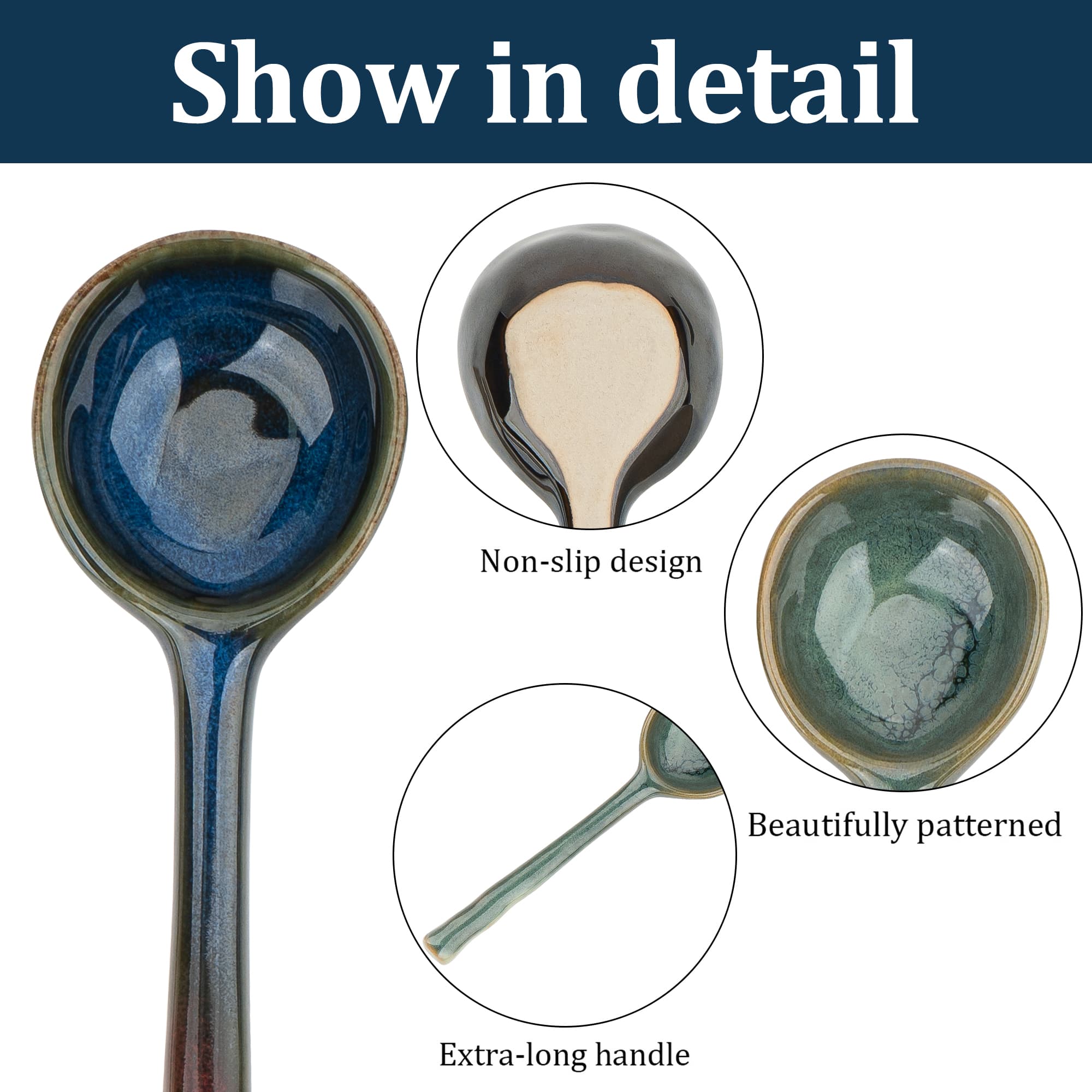 JANKOW 4 Pack Japanese Ceramic Soup Spoons - Hand-Painted Retro Porcelain Spoons with Long Handle - Asian Soup Spoon Set - 2