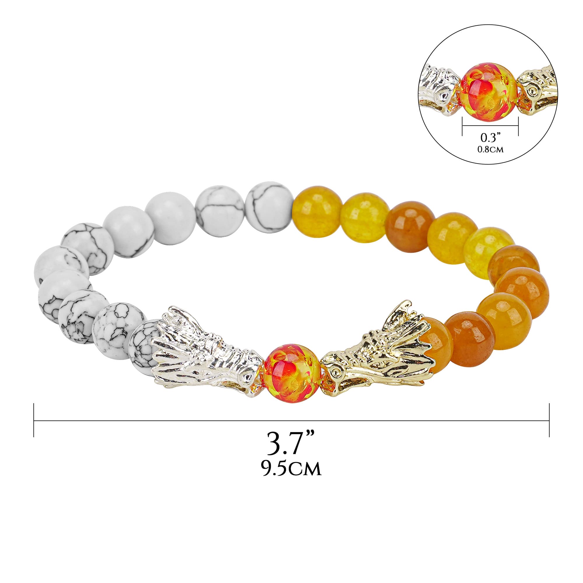 JANKOW Lava Stone & White Turquoise Two-Tone Yellow Crystal Dragon Head Stretch Strand Bracelet, White/Yellow, Unisex - 1