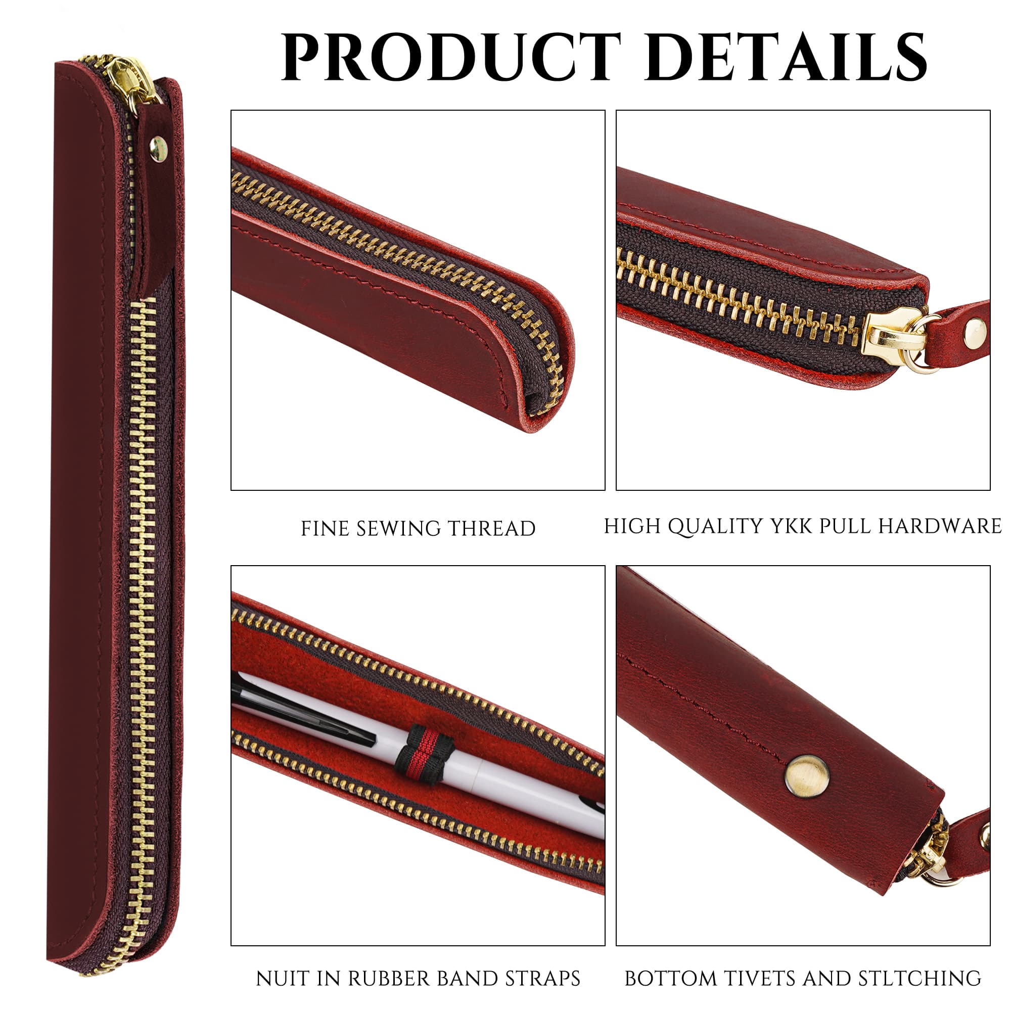 JANKOW Crazy Horse Leather Pen Pouch Handmade, Single Pen Case Fountain Pen Sleeve Holder Pouch Cover Vintage (Wine Red) - 2
