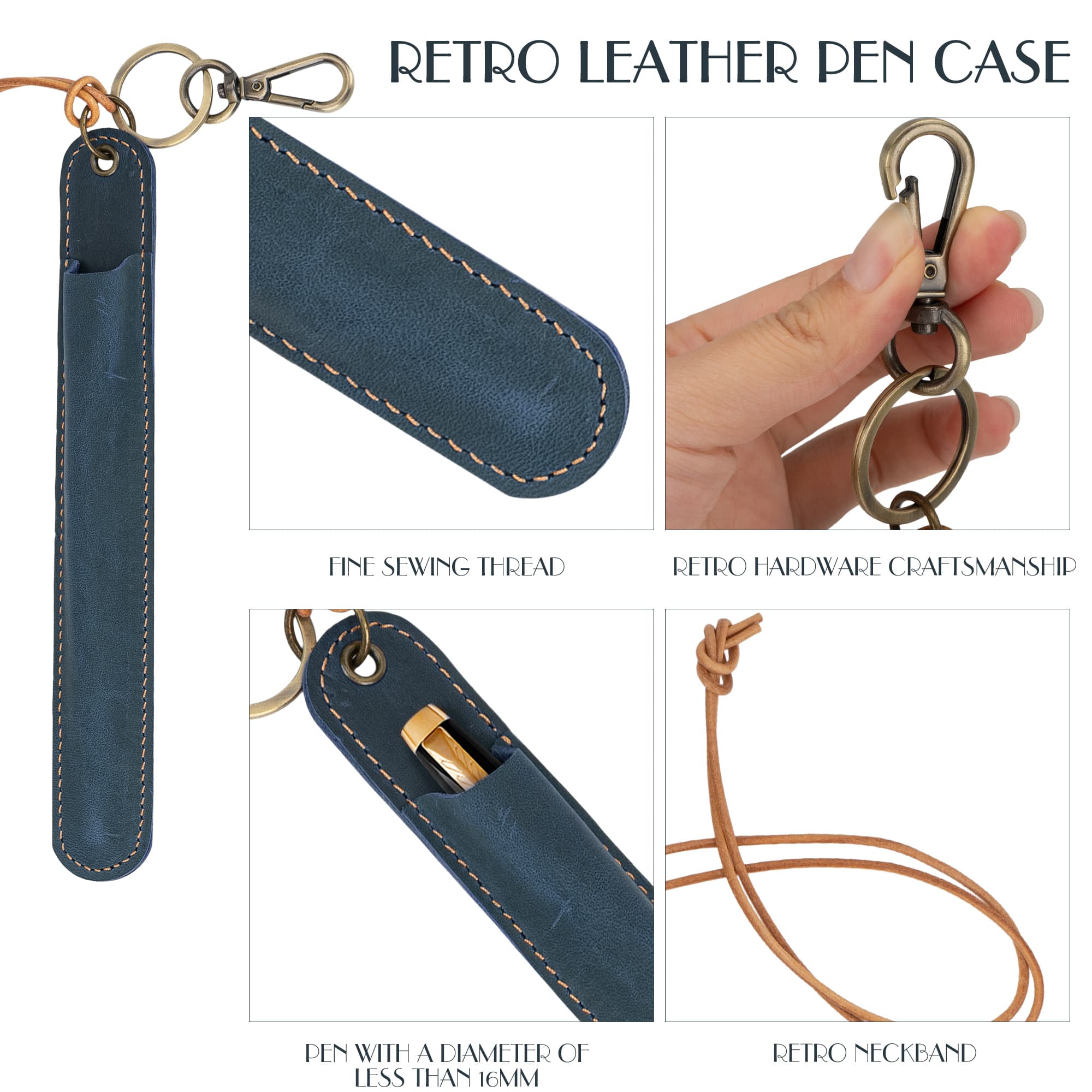 JANKINGS Leather Neck-Hanging Fountain Pen Case, Crazy Horse Blue – Genuine Leather Pen Sleeve with Lanyard & Clip - 2