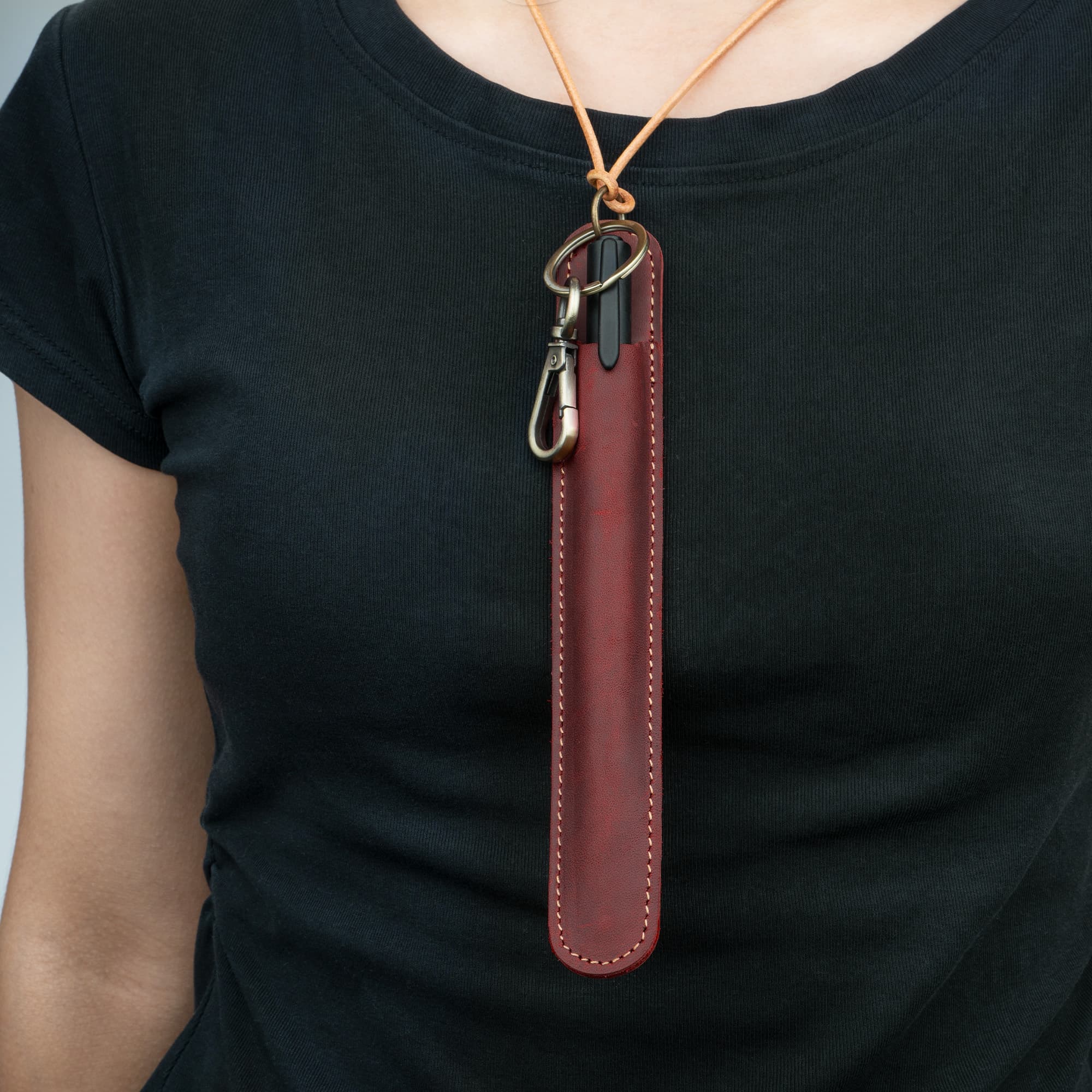 JANKINGS Genuine Leather Neck-Hanging Fountain Pen Pouch, Crazy Horse Wine Red Lanyard Pen Sleeve with Clip – Single Pen Holder, Red, 1-Pack - 6