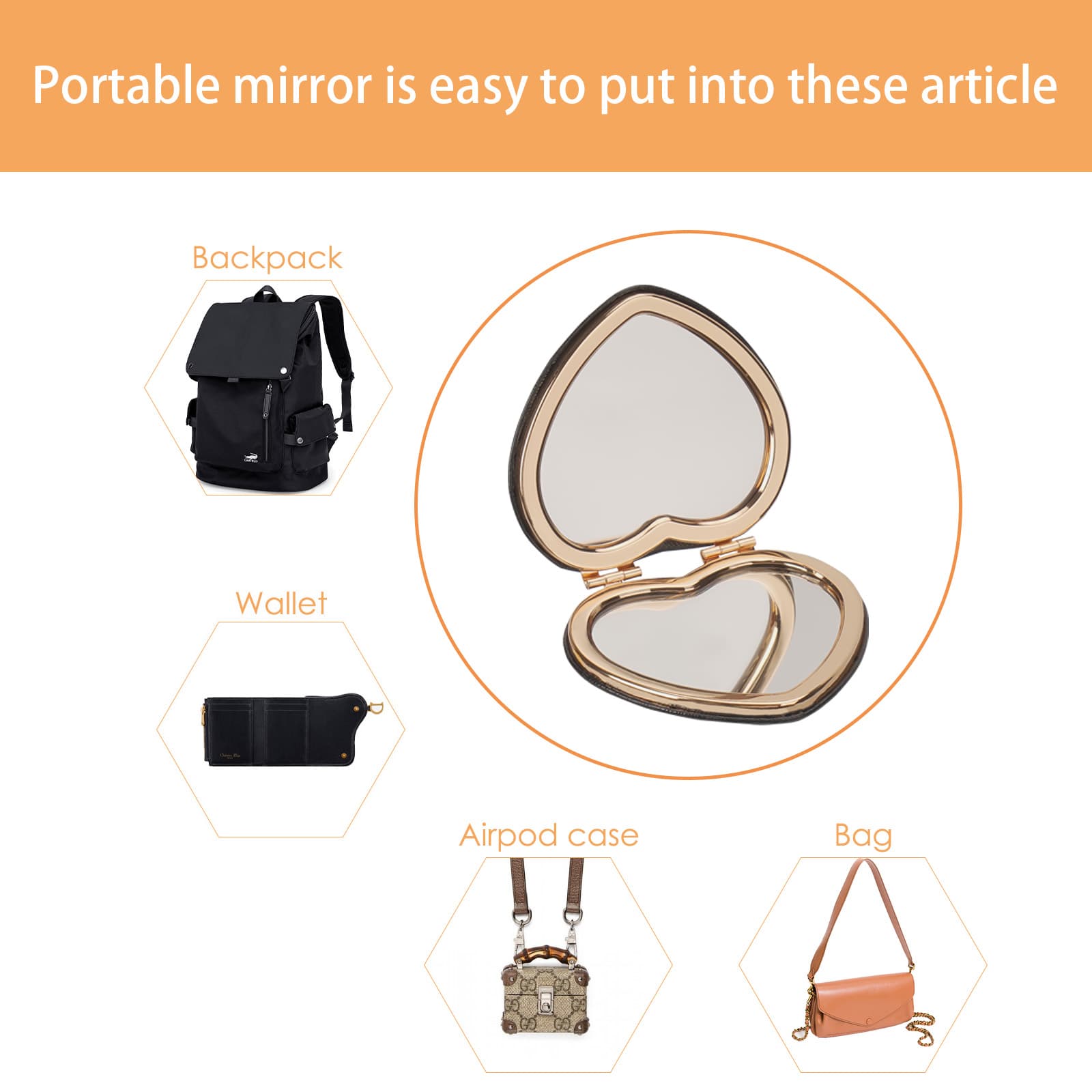 CAIRIAC Compact Mirrors, Leather Folding Travel Mirrors, Bee Double Sided Handheld Mirrors, Portable Heart Shaped Makeup Mirrors Gift for Girls Women Mothers - 6
