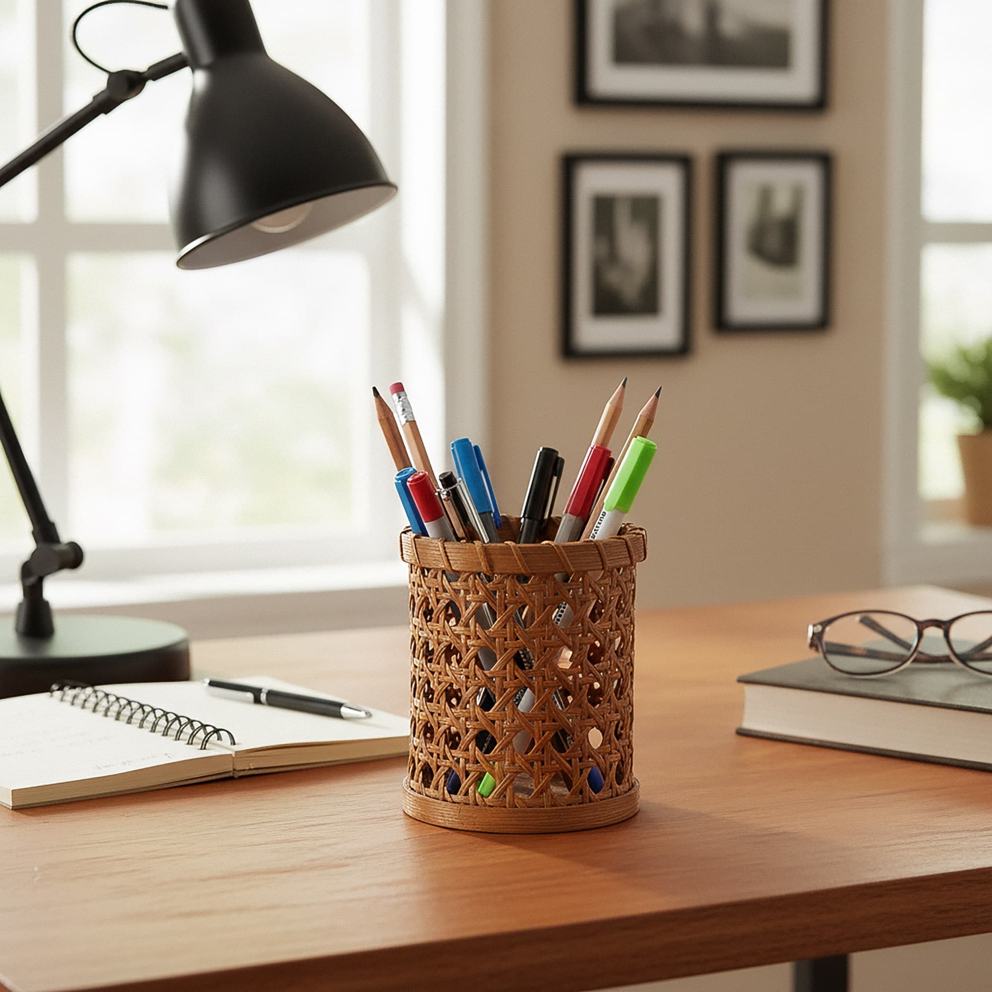JANKINGS Rattan Pencil Holder, Handwoven Openwork Pen Cup for Desk, Brown Cane Woven Pencil Cup Organizer, Boho Rustic Office - 3