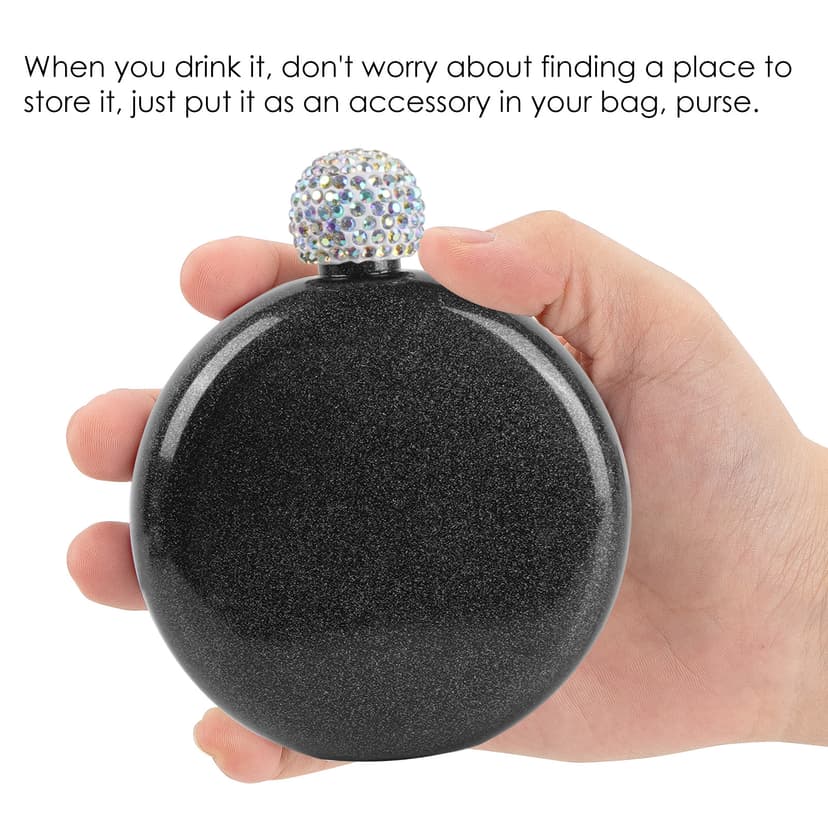 CAIRIAC Cute Flask for Women, 5Oz 304 Stainless Steel Flask for Whiskey Liquor, Coating Liquor Flasks with Rhinestone Lid and Funnels, for Women Girls Wedding Birthday Gift (Black)