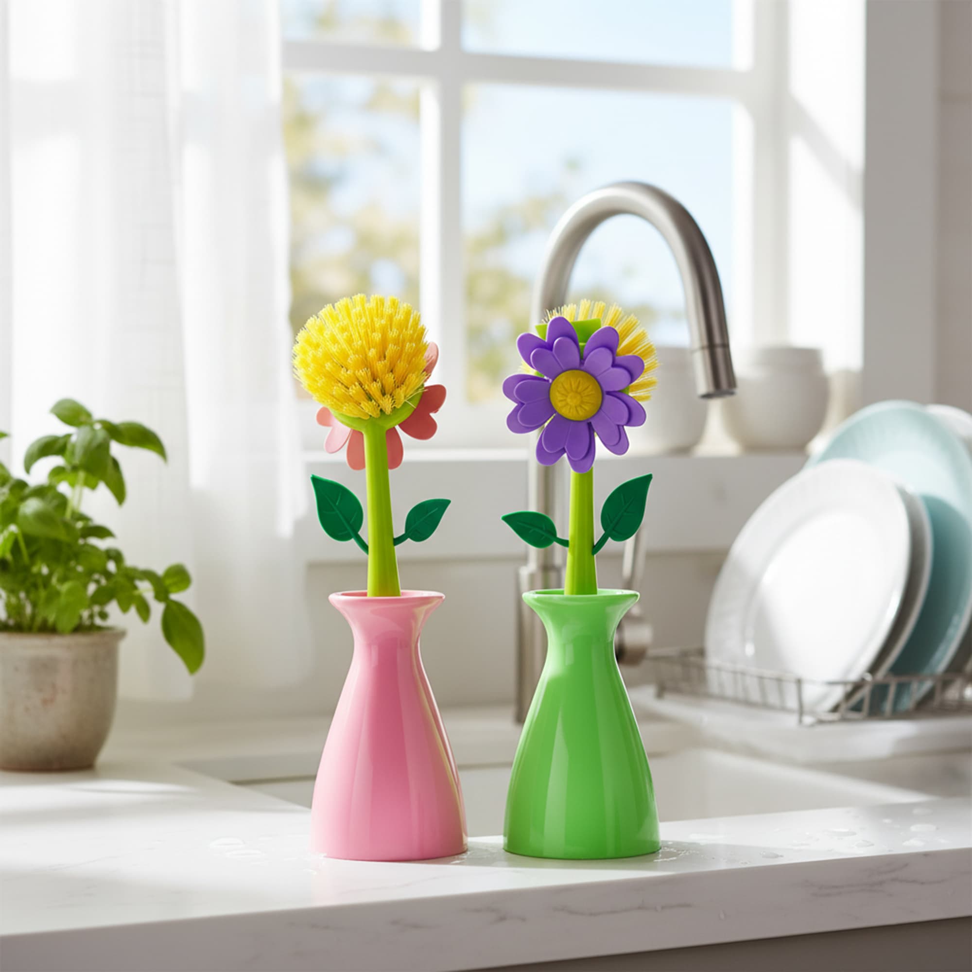 JANKOW Long Handle Vegetable And Fruit Brush, Florganic Dish Brush with Vase, Long Handle Dish Brush Kitchen, for Cleaning Pot Pan Sink Kitchen Supplies Decorative Vase (2 Pcs Green, Pink) - 3