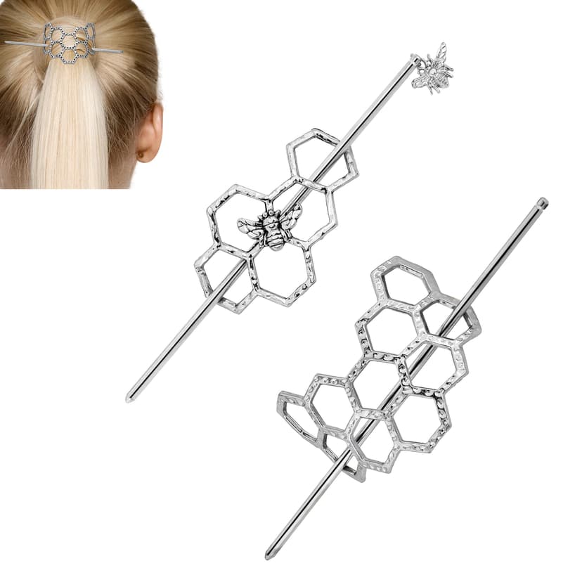 CAIRIAC Honeycomb Hair Clips Slide Hairpins, Minimalist Bee Hair Pin Barrette with Stick, Bee Lovers Gift Metal Hair Slide with Stick, Creative Hair Accessories for Women Girls Gifts (Silver)