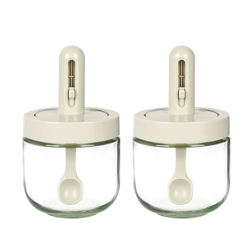 JANKOW Expandable Spice Jars with Built-In Spoon, 2 Pack, White, Airtight Soda-Lime Glass Seasoning Containers with PP Lid and Silicone Seal