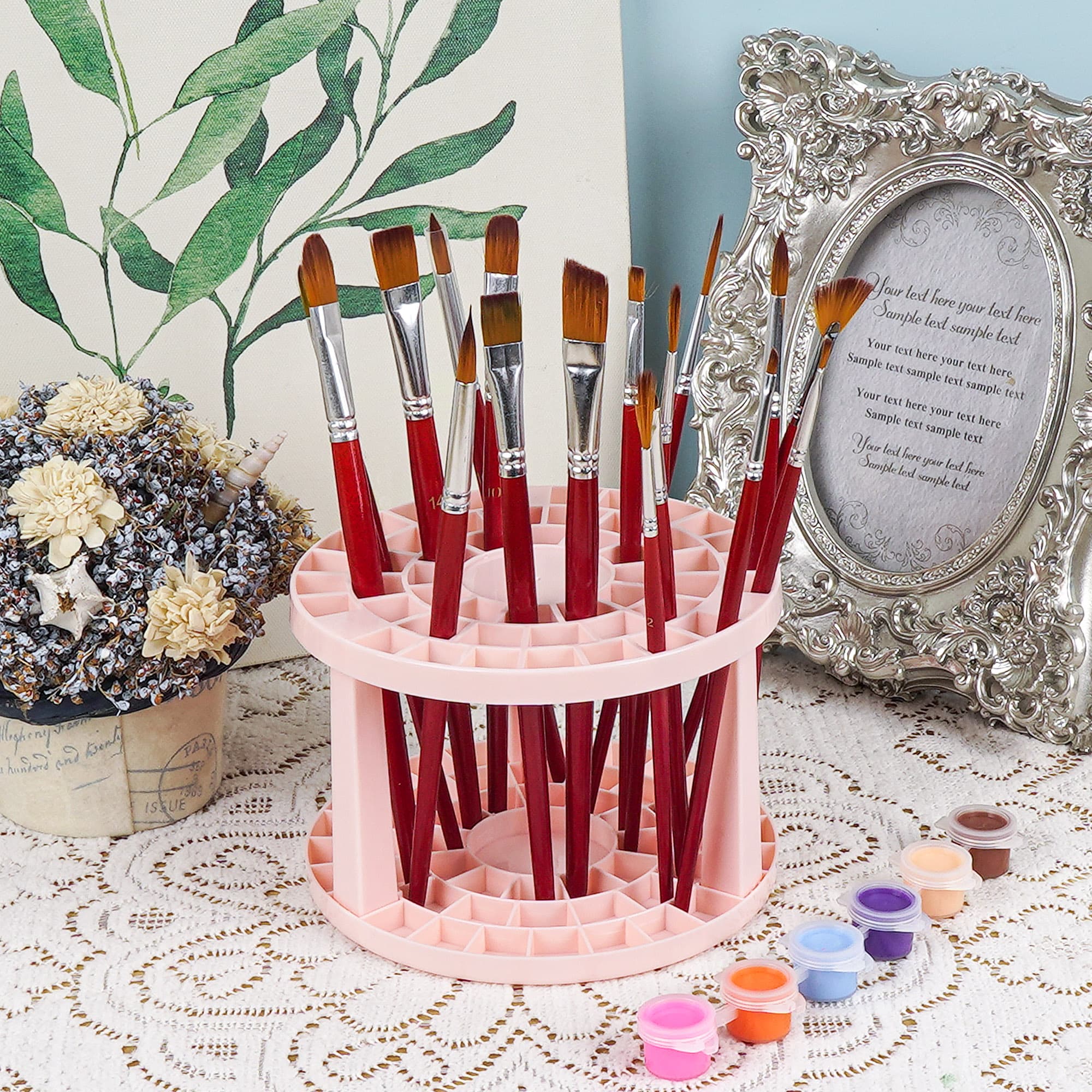 JANKOW Round 50 Hole Paint Brush Holder and Organizer, Makeup Cosmetic Brushes, Pencils, Pens, Markers, Art Tools, Desk Stand (Pink) - 4