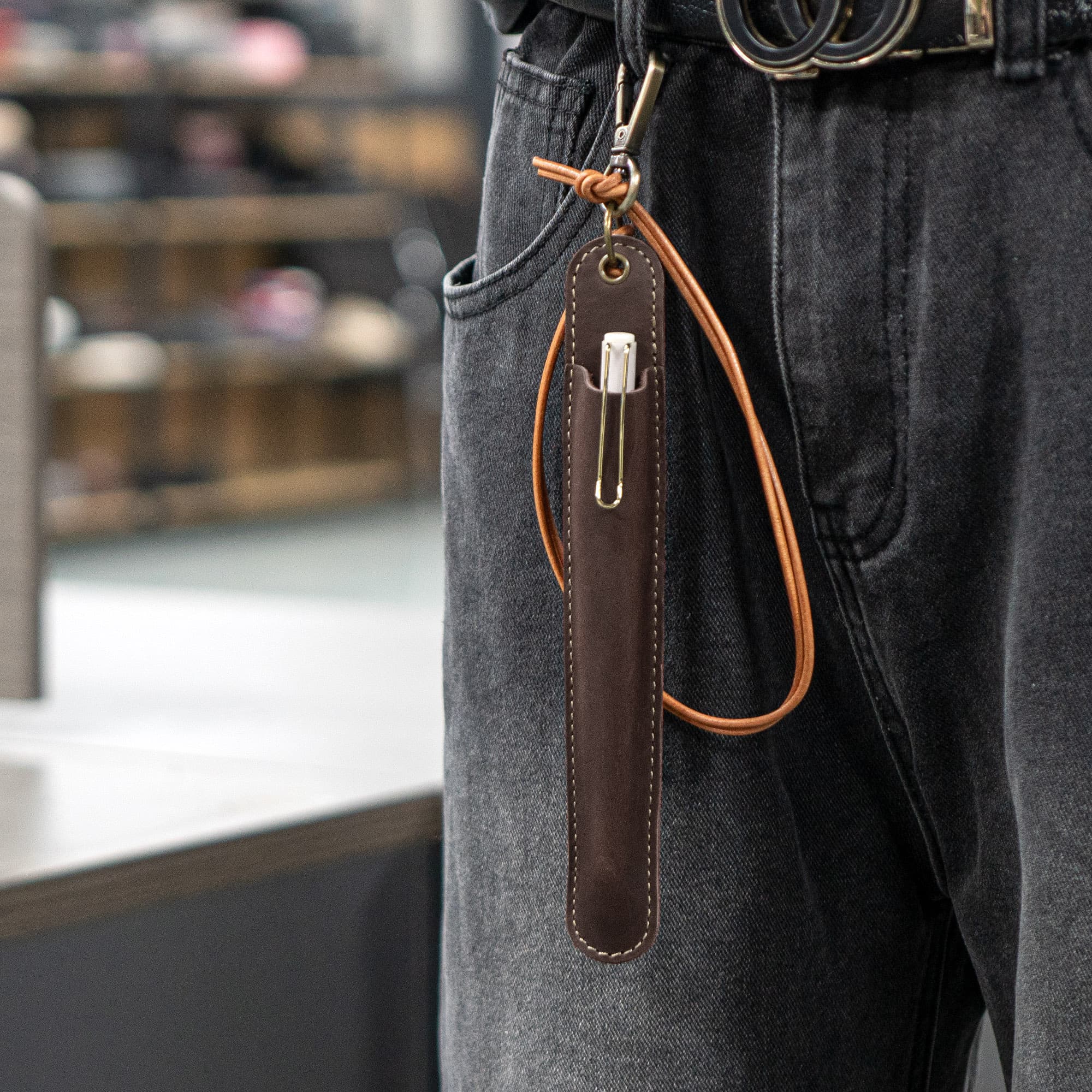 JANKINGS Genuine Leather Neck-Hanging Fountain Pen Pouch, Crazy Horse Coffee Pen Sleeve with Lanyard & Key Clip, 1-Pack - 5