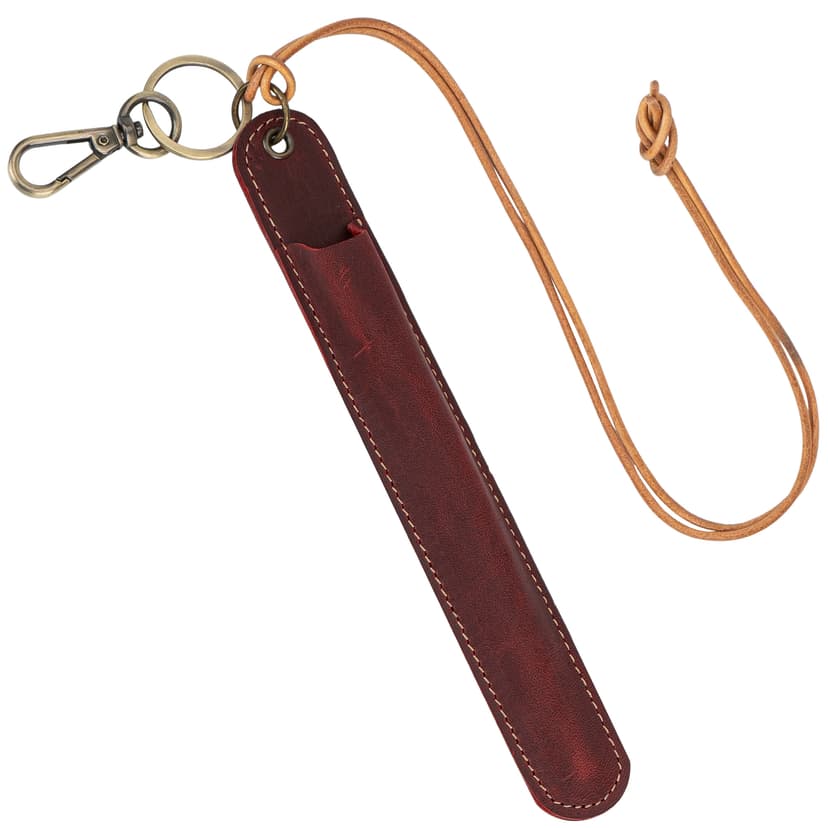 JANKINGS Genuine Leather Neck-Hanging Fountain Pen Pouch, Crazy Horse Wine Red Lanyard Pen Sleeve with Clip – Single Pen Holder, Red, 1-Pack