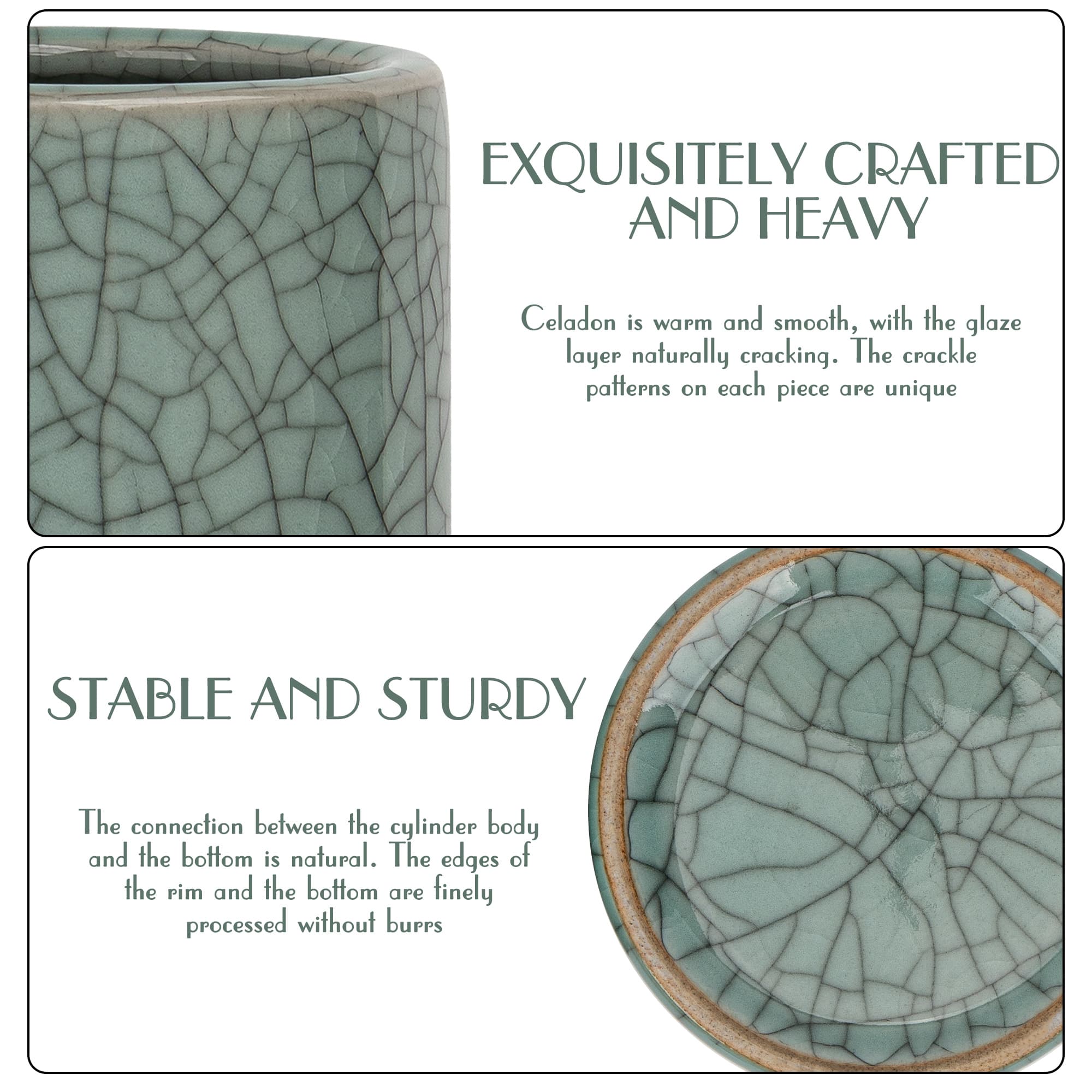 JANKINGS Celadon Ceramic Pencil Holder, Gray Crackle-Glaze Pen Cup for Desk, Solid Ceramic Pen & Brush Organizer, 1-Pack - 2