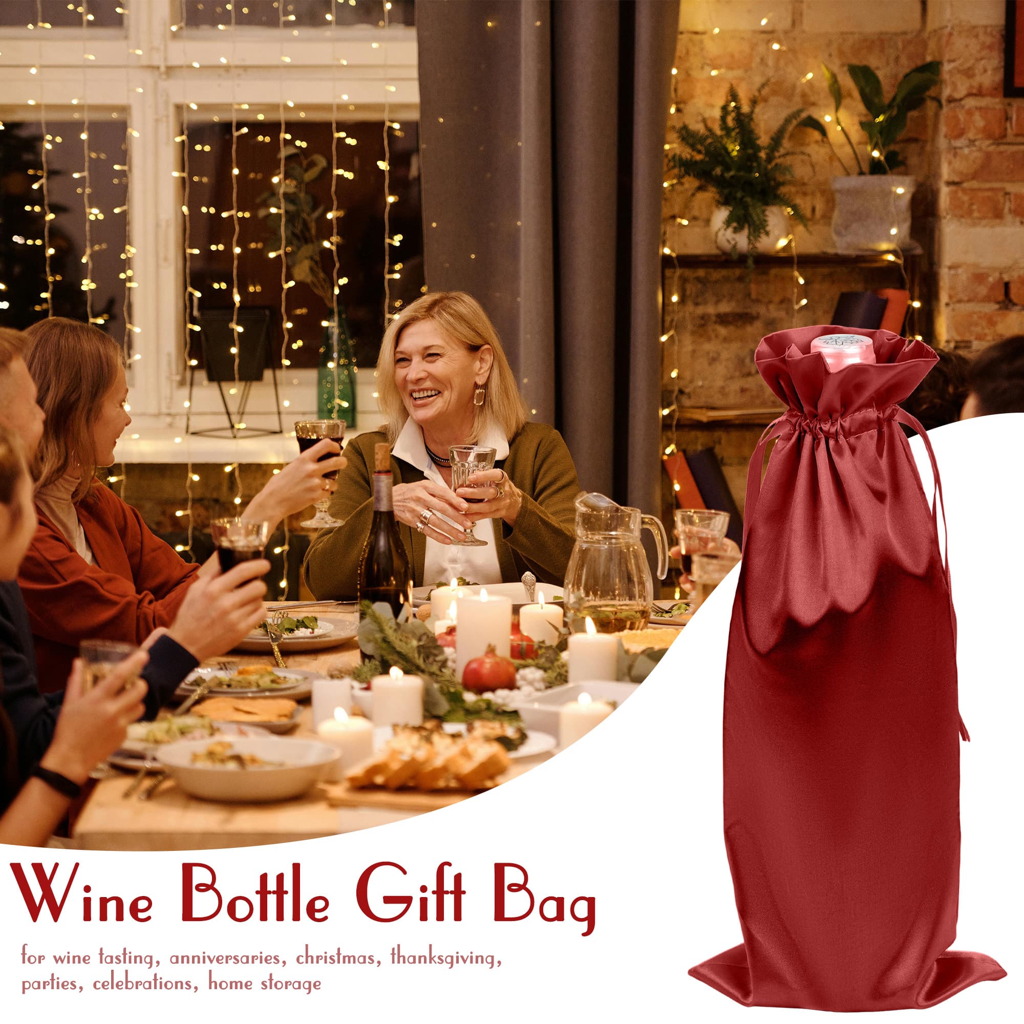 JANKINGS Wine Bottle Gift Bag, Reusable Silk Wine Gift Bags with Drawstrings, Champagne Bags Carrier for Birthday, Wedding, Party (12Pcs Red) - 5