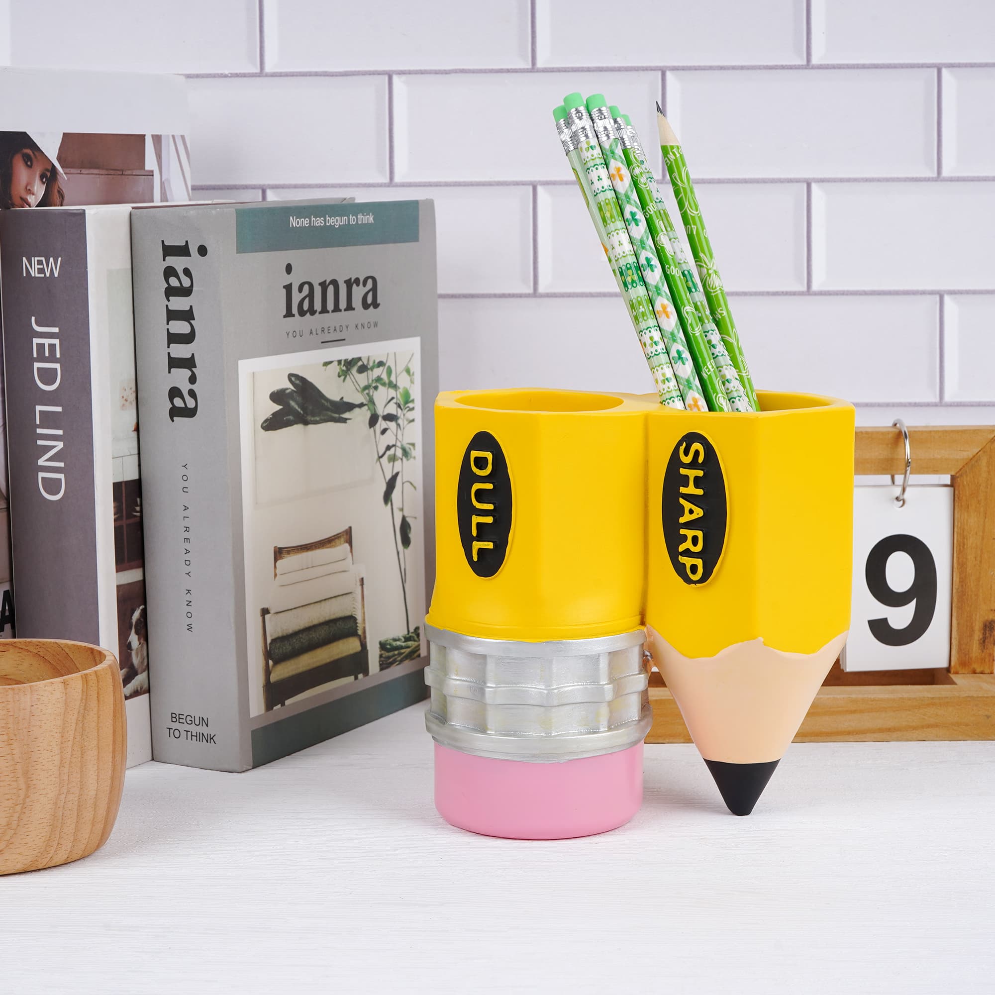 JANKOW Pencil Shaped Pen Holder, Sharp-Dull Pencil Holder, Funny Pencil Holder, Pencil holder container storage box for Students Teachers Office Desk Gift (Yellow) - 3