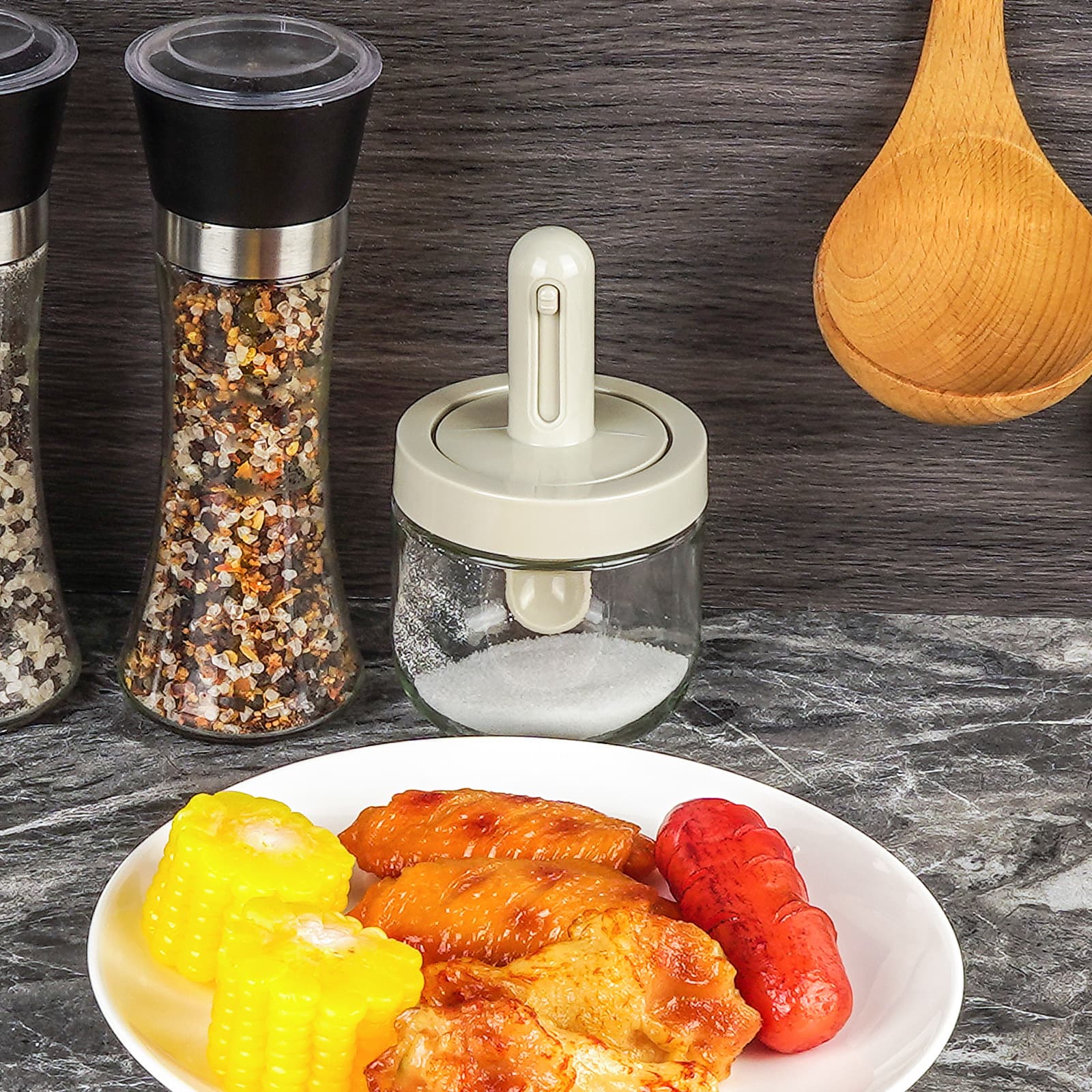 JANKOW Glass Spice Jars, with Retractable Spoon and Lid, Condiment Jar Spice Container, Sealed Spice Container for Keeping Table Sugar, Gourmet Salts, Chili Herbs (2 Pack White) - 3
