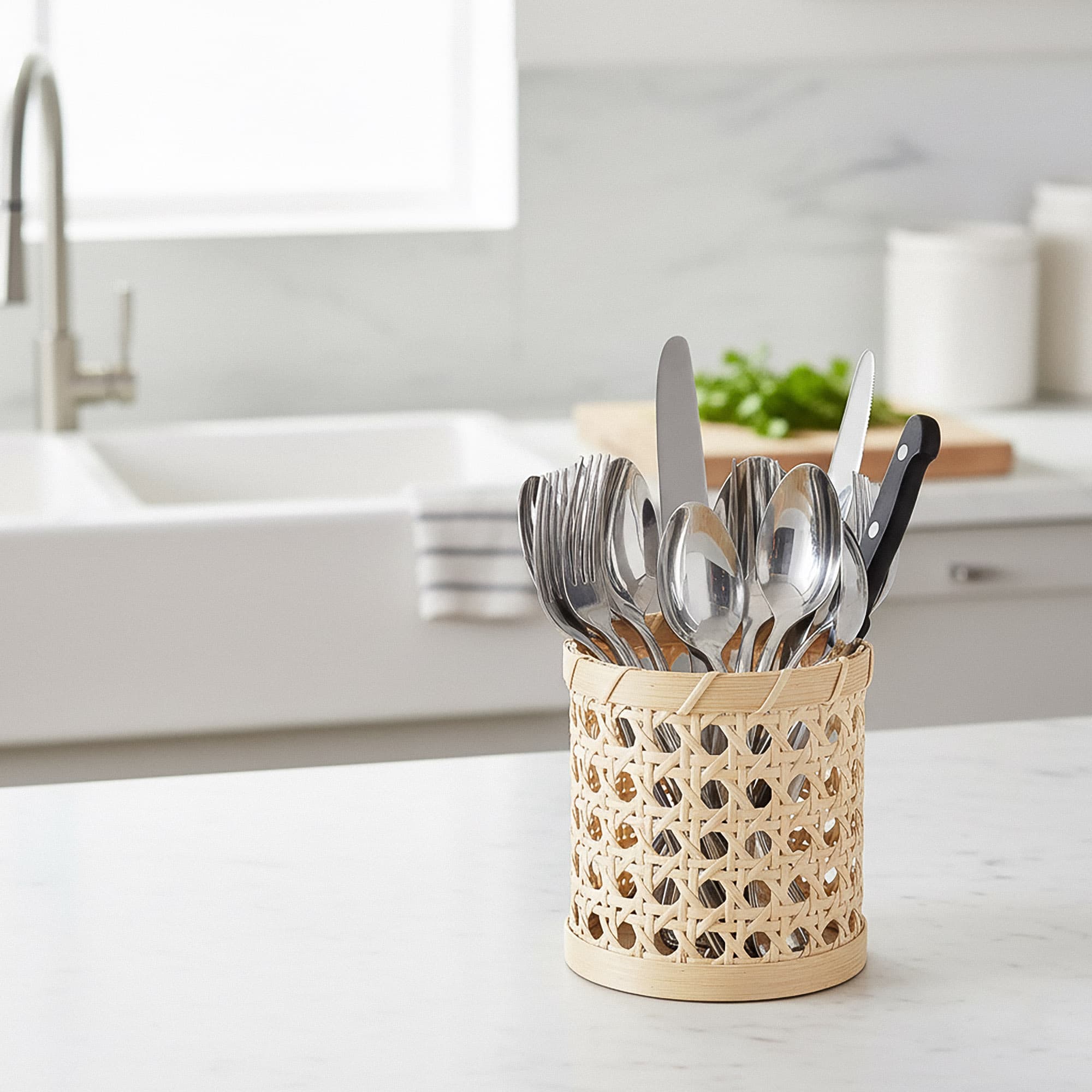 JANKINGS Rattan Pencil Holder, Handwoven Openwork Pen Cup for Desk, White Cane Woven Pencil Cup Organizer, Boho Rustic Office Decor, 1-Pack - 5