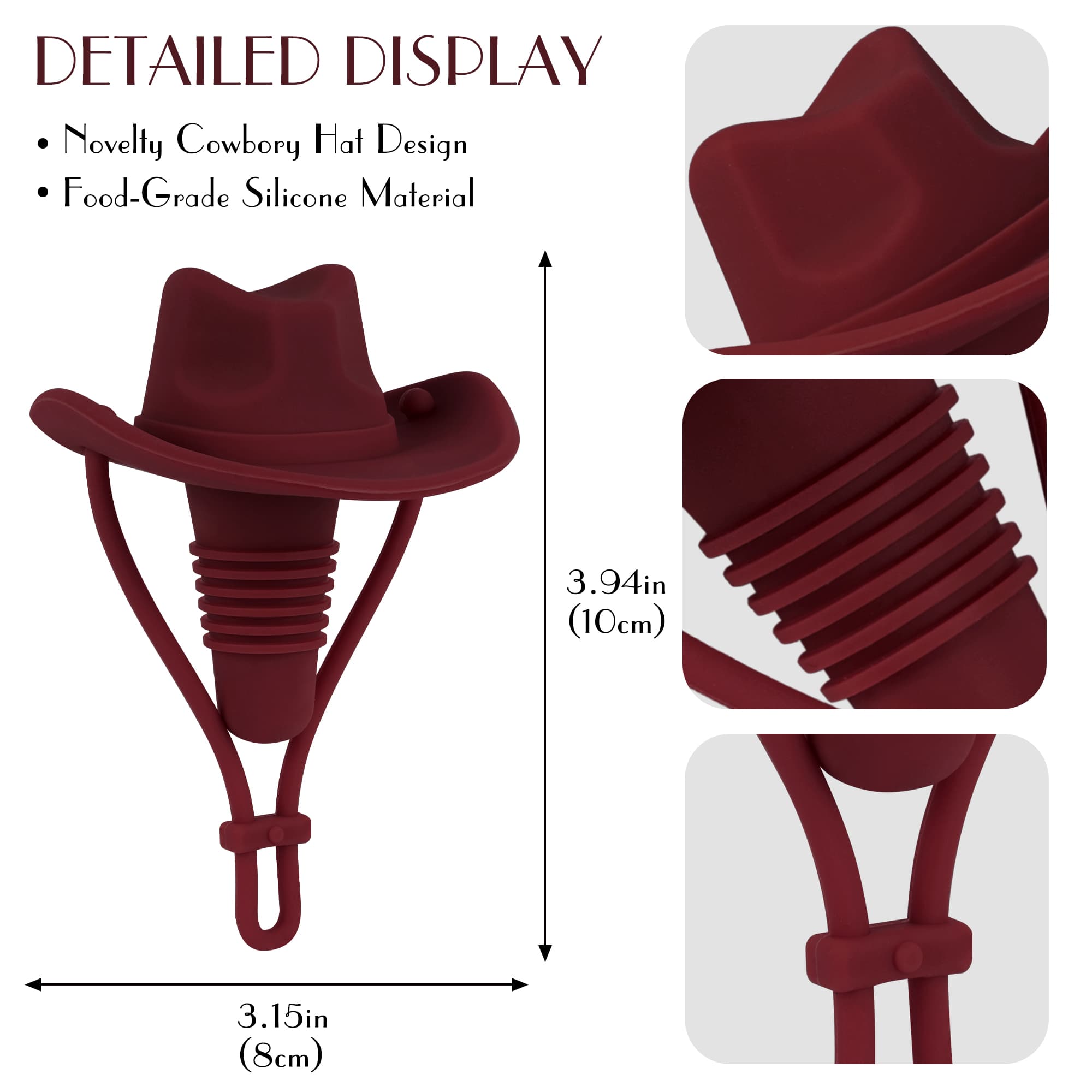 JANKINGS Silicone Cowboy Hat Wine Stoppers, Wine Red, 2 Pack – Reusable Tapered Bottle Sealers for Standard Wine Bottles, Fun Western Novelty Wine Accessories - 1